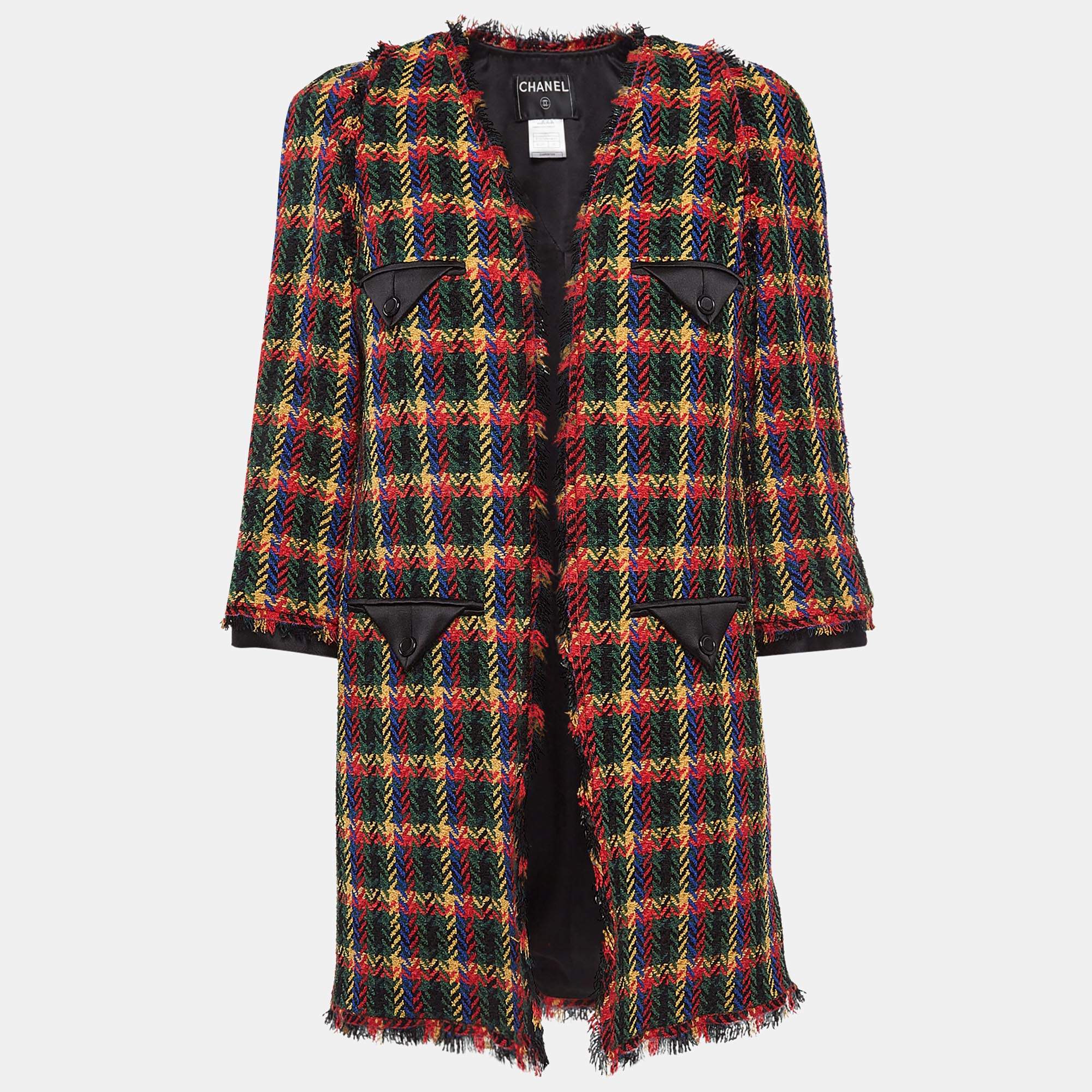 Chanel Vintage Multicolor Patterned Wool Blend Open Front Fringed Coat L