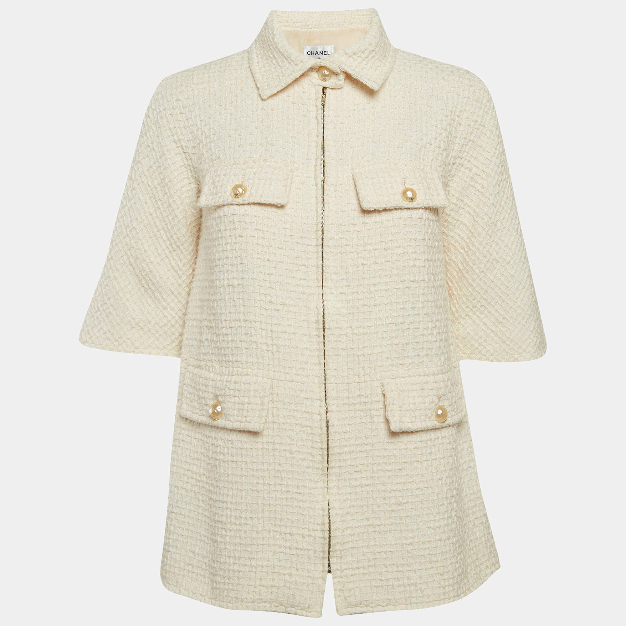 Chanel White Textured Cotton Pearl Button Detail Zip-Up Jacket M