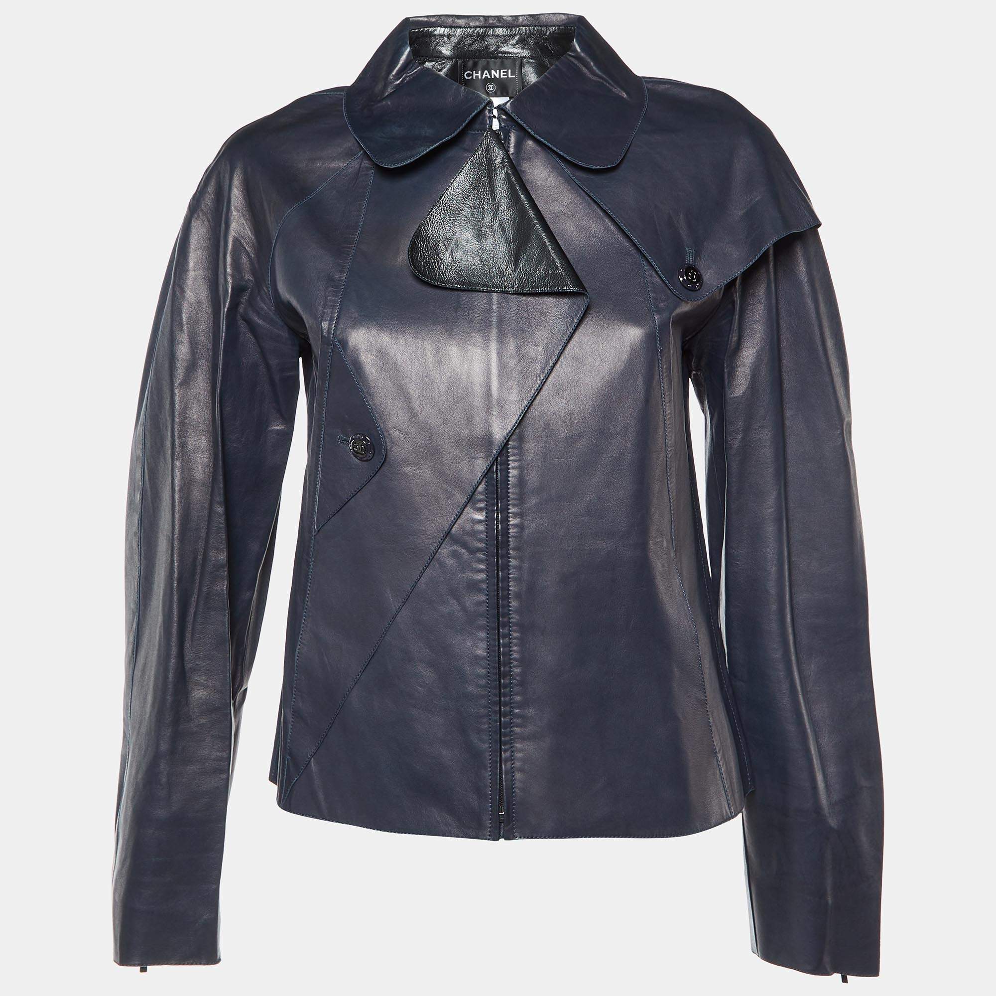 Pre Owned Chanel Navy Blue Leather Zip-Up Button Detail Jacket M
