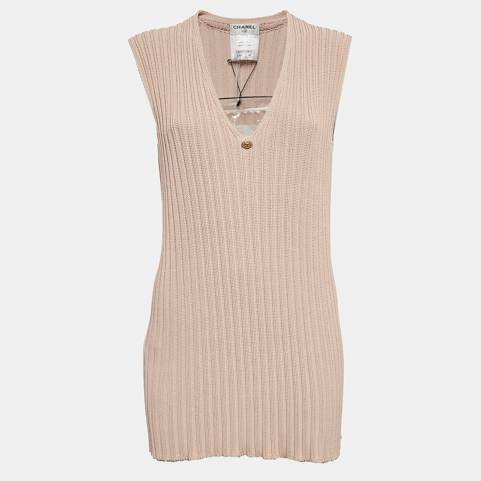 Pre Owned Chanel Pink Patterned Knit Sleeveless Sweater L