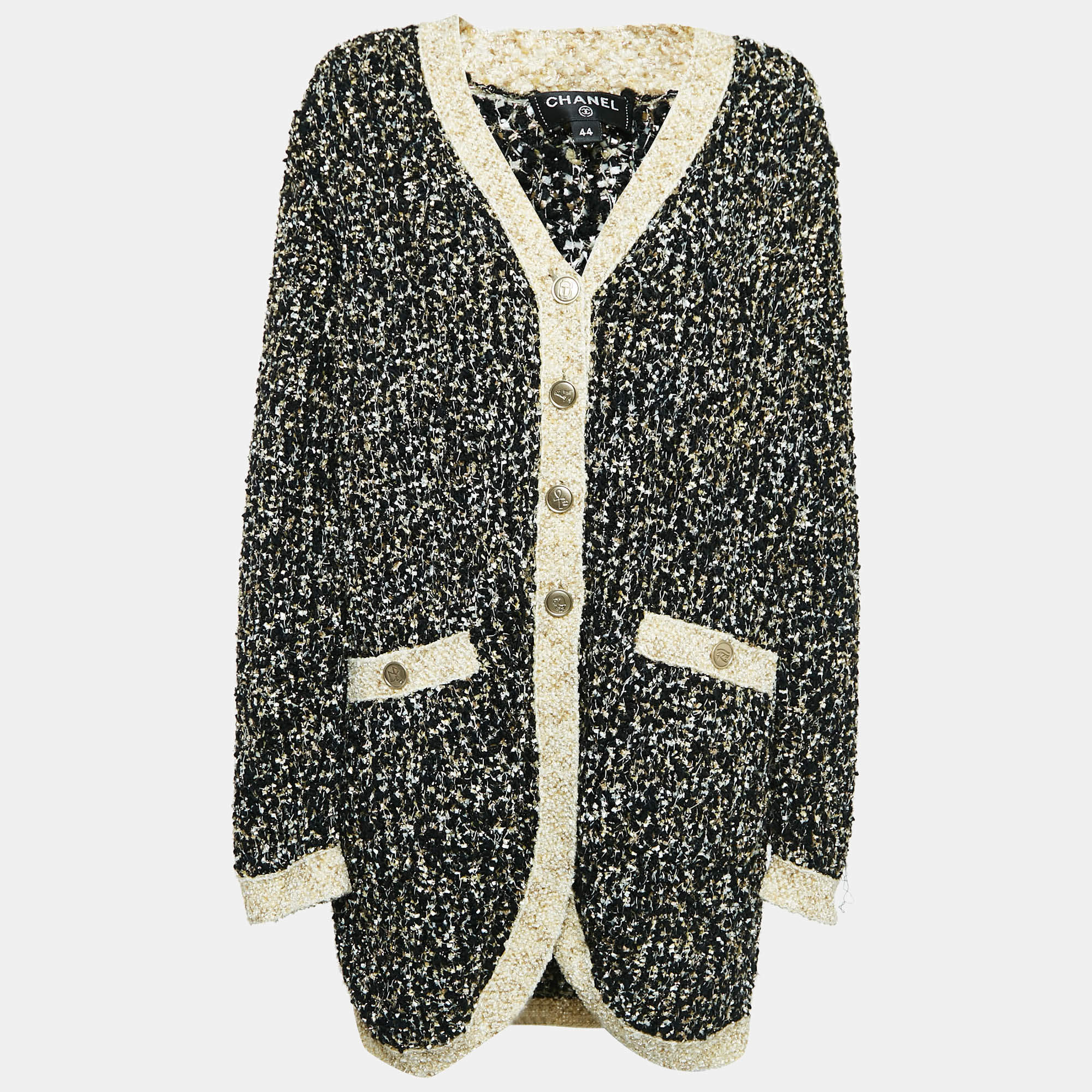 Chanel Black Lurex Knit Tweed Button Front Long Cardigan L