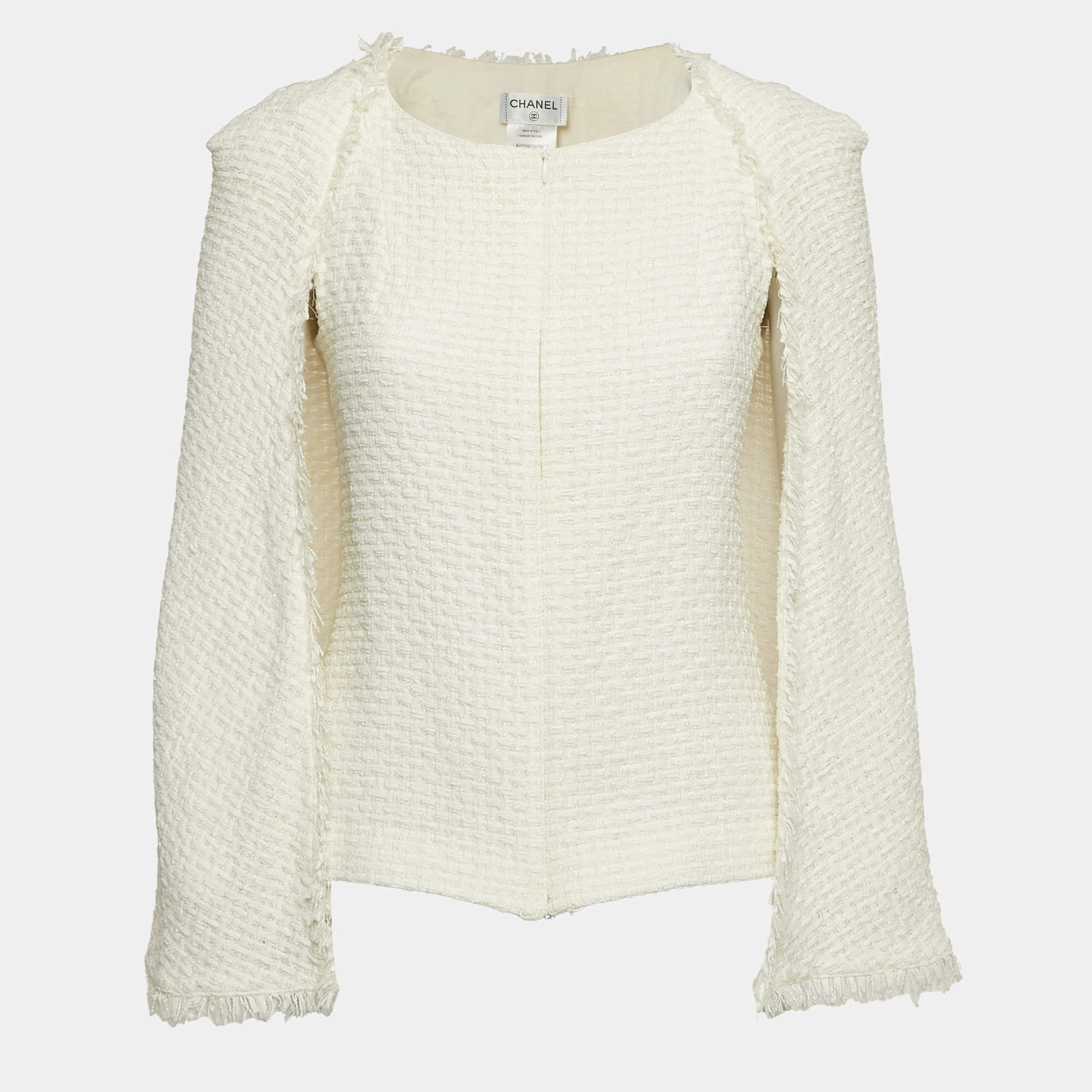 Pre Owned Chanel White Tweed Faux Cape Fringe Detail Jacket M