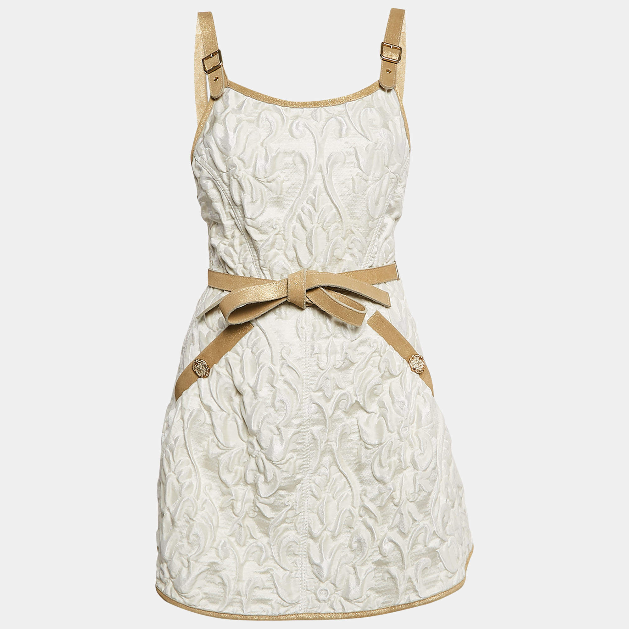 Chanel White Jacquard Golden Suede Trim Mini Wrap Dress M