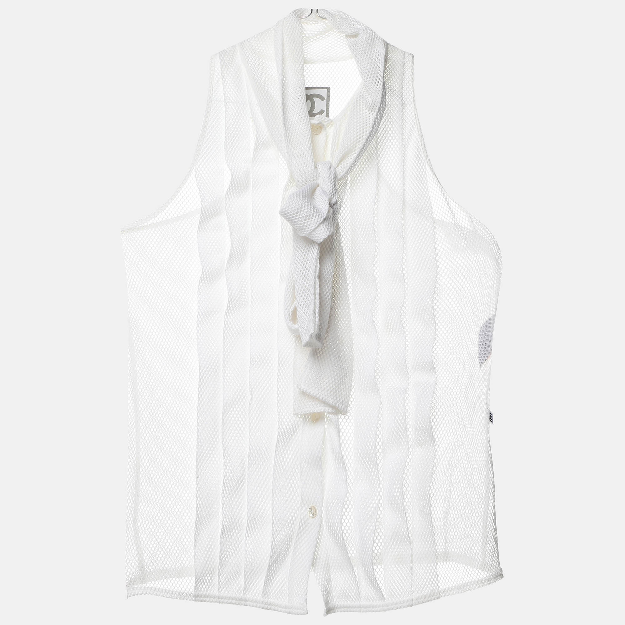 Pre Owned Chanel White Mesh Neck Tie Button Front Shirt S