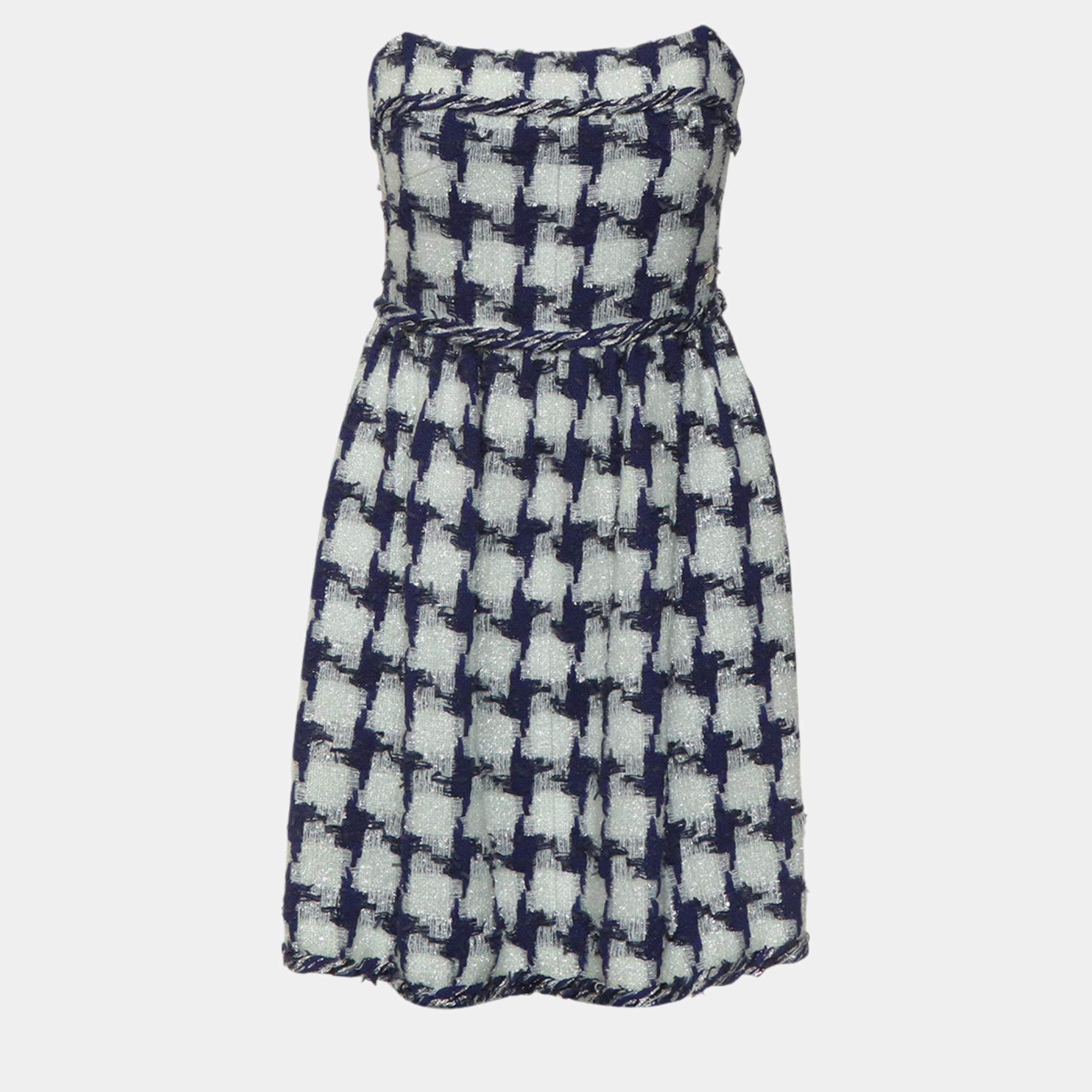 Pre Owned Chanel Black/White Houndstooth Patterned Tube Dress S