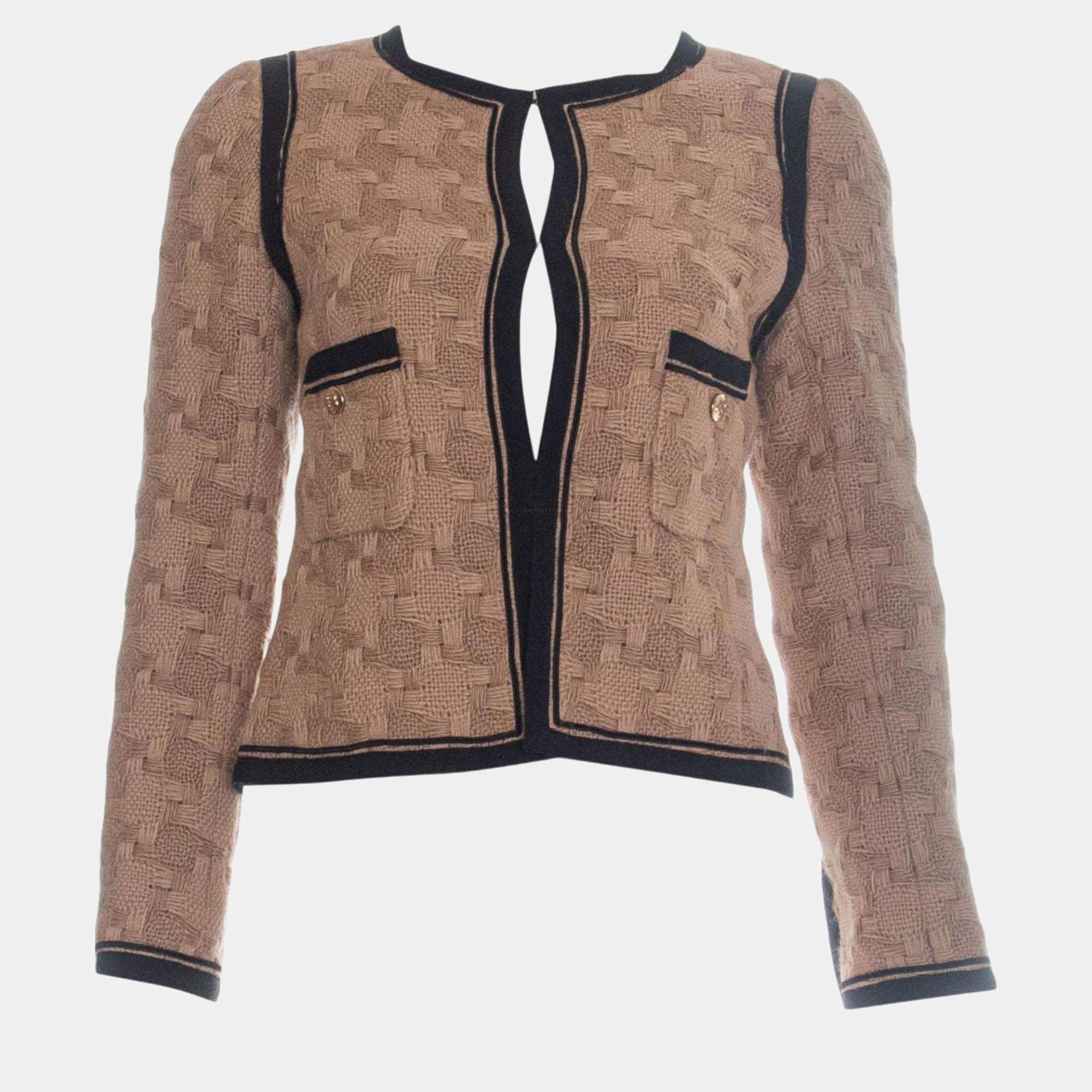  Chanel Brown Woven Wool Round Neck Jacket S