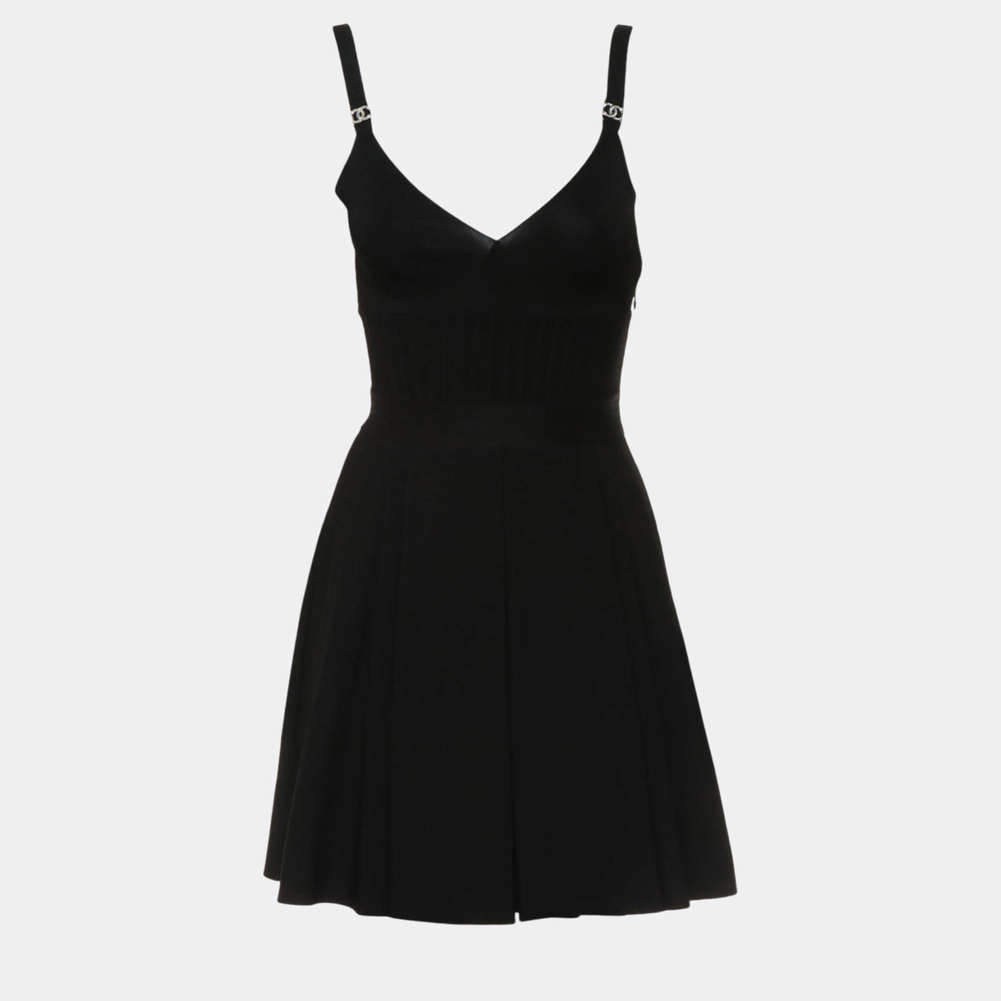 Chanel Black Classic CC Logo Embellishments Pleated Dress  S