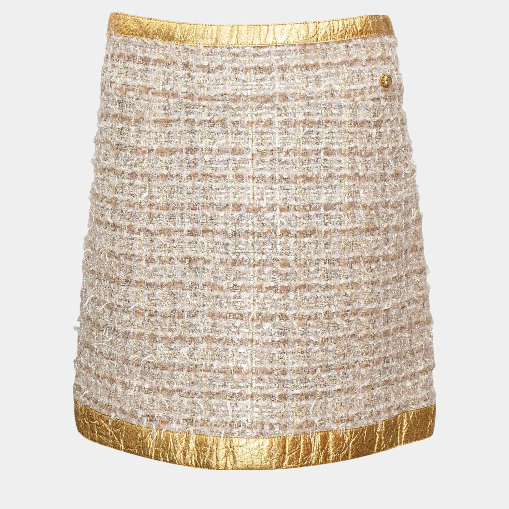 Pre Owned Chanel Gold Metallic Tweed Skirt S