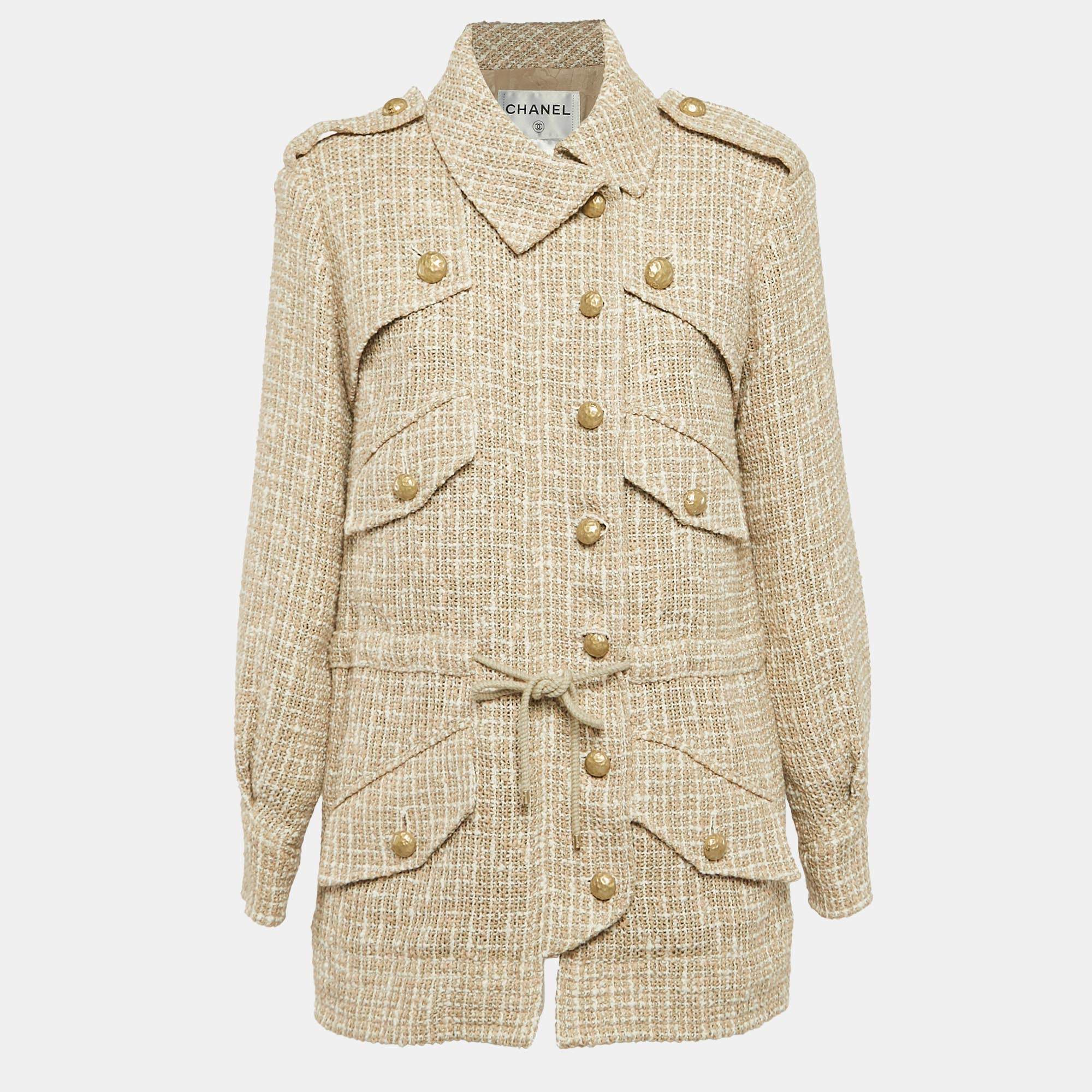 Pre Owned Chanel Beige Tweed Belted Button Detail Jacket S