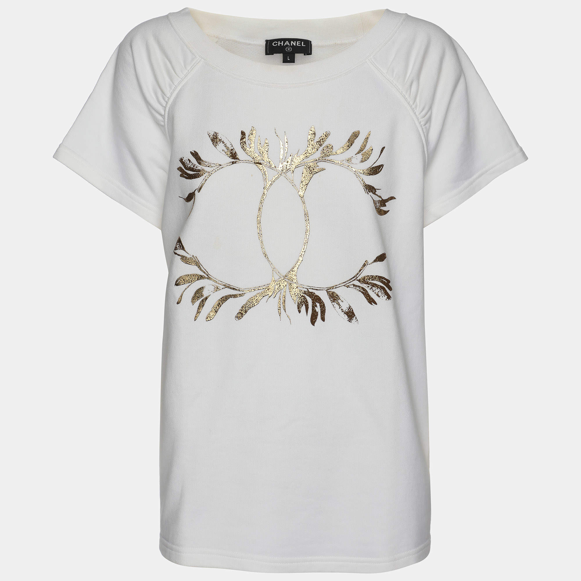 Chanel Cream Cotton CC Logo T-Shirt L