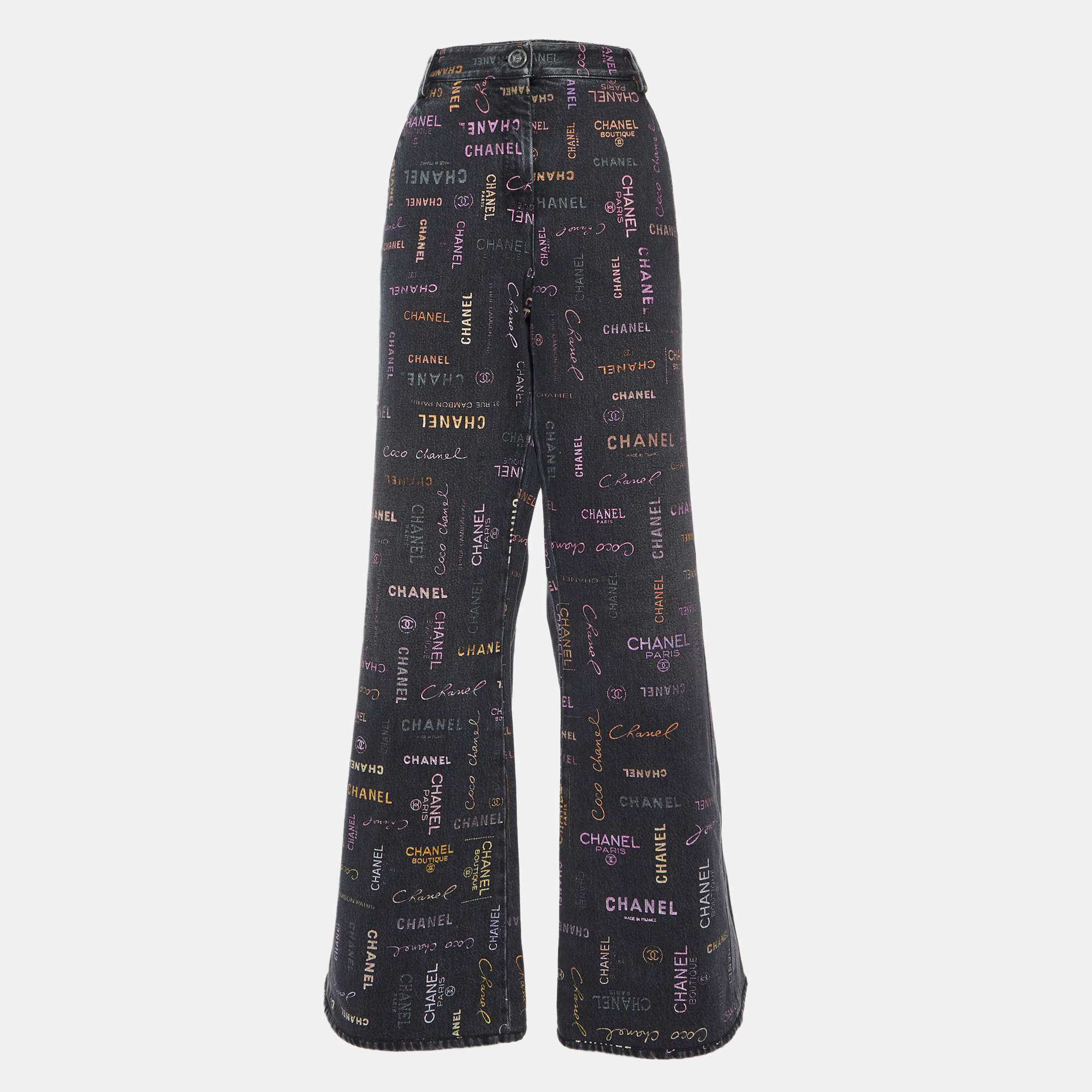 Chanel Black Logo Print Denim Wide-Leg Jeans XXL Waist 38"