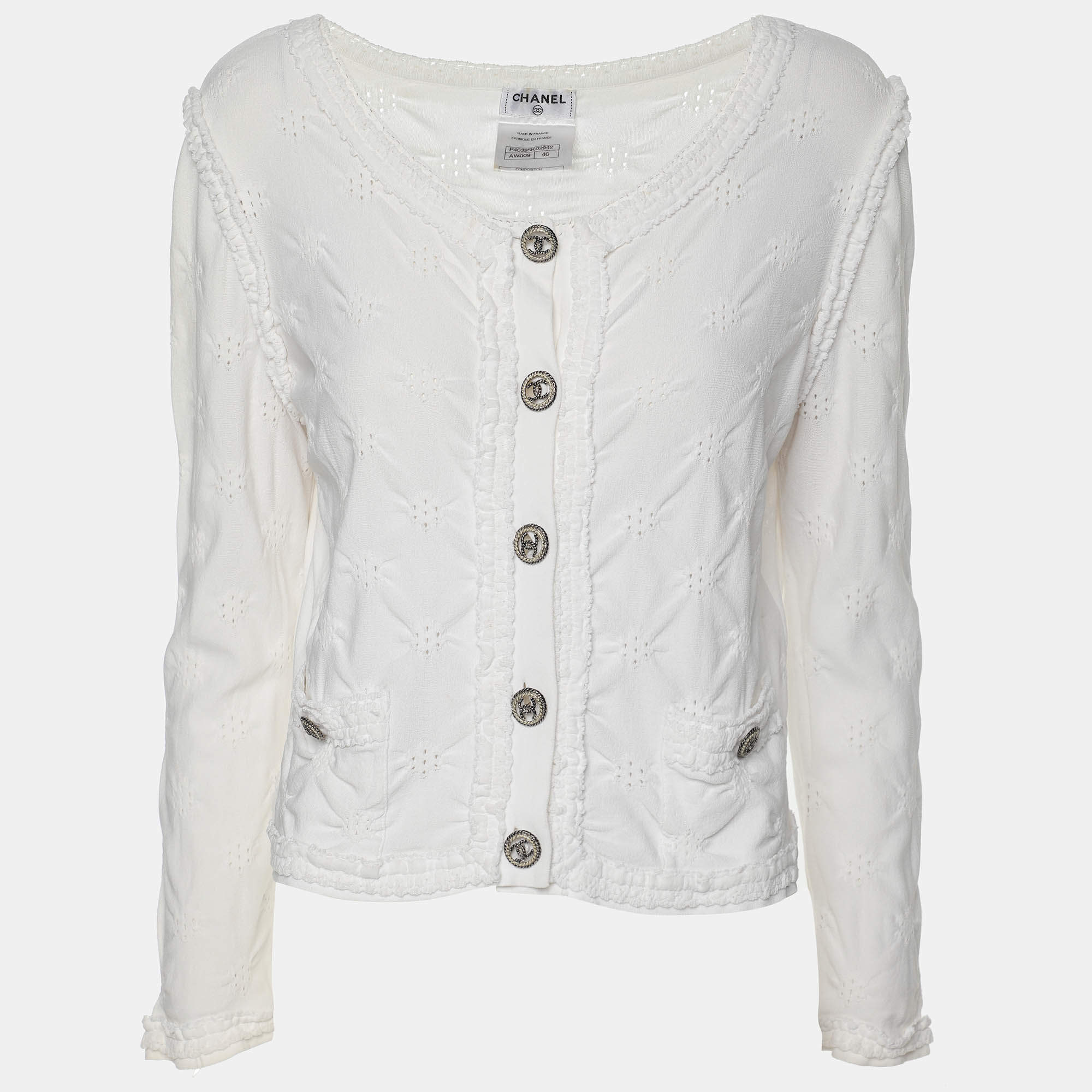 Pre Owned Chanel Cream Viscose Blend Cropped Cardigan S
