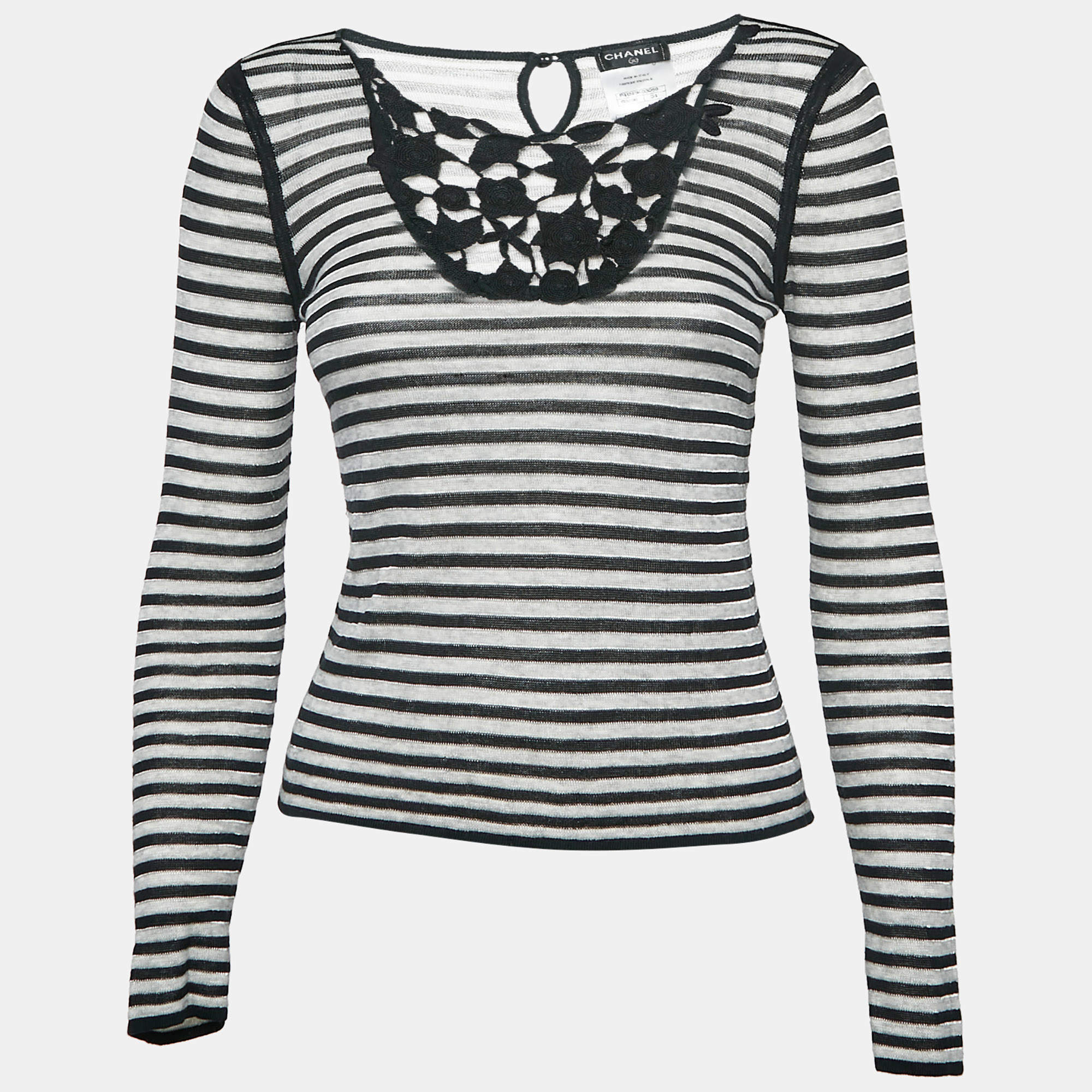 Pre Owned Chanel Black Stripe Knit Neck Lace Trimmed Top S