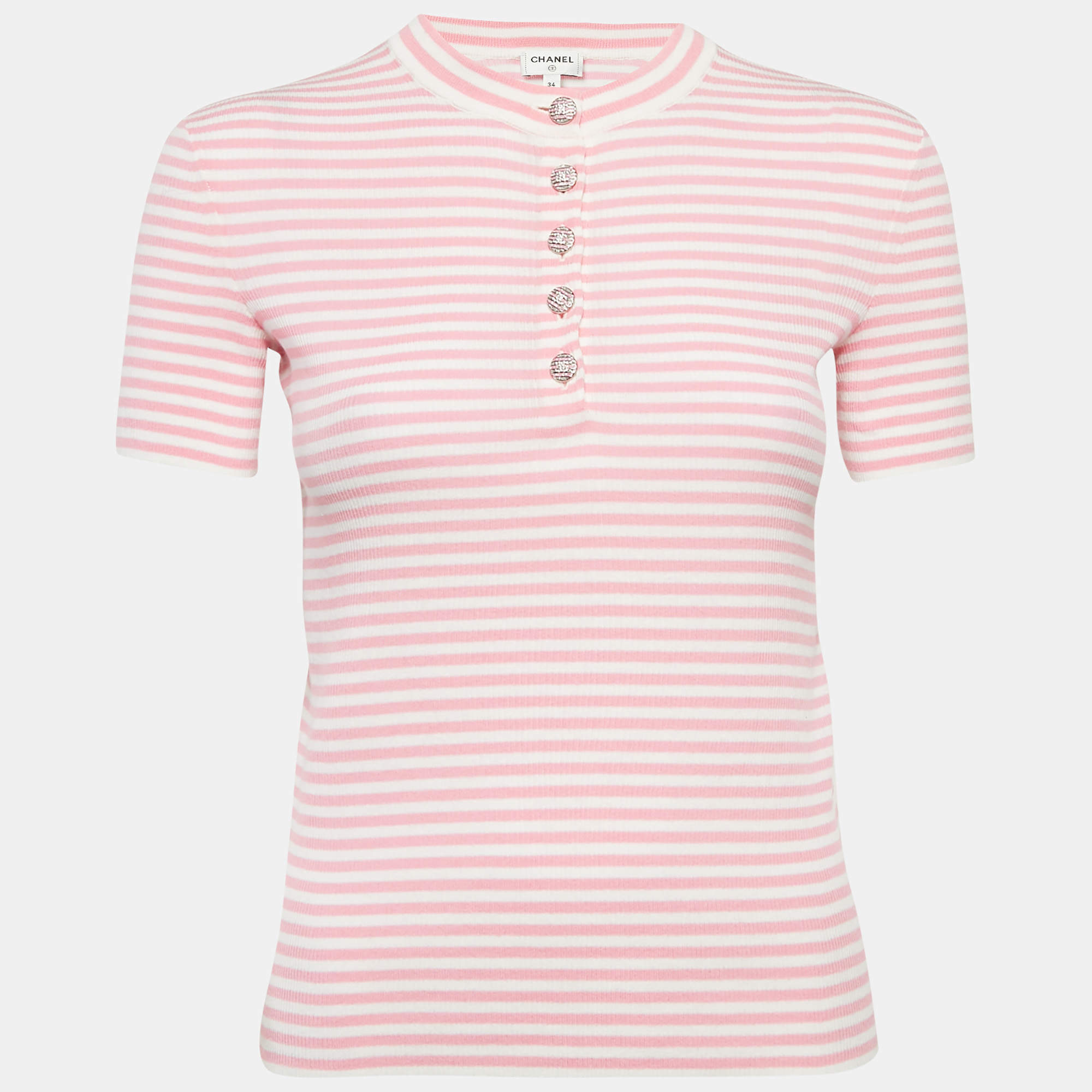 Chanel Pink/White Stripe Rib Knit Band Collar Top S