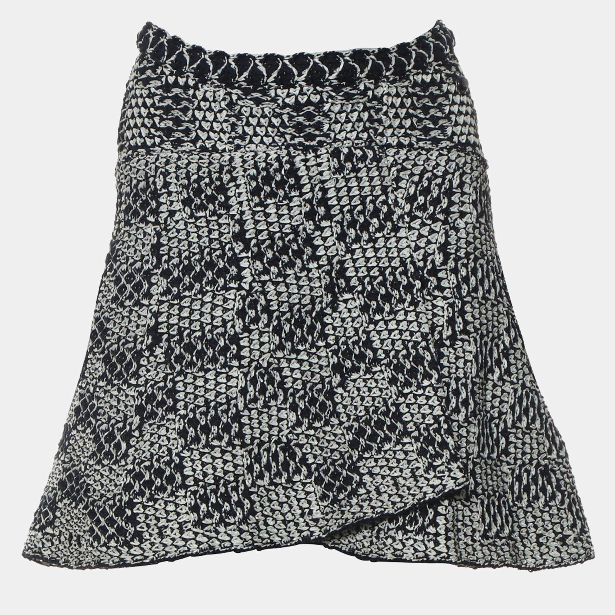 Chanel Navy Blue, White Nylon, Cotton Textured Knit Skirt FR 38