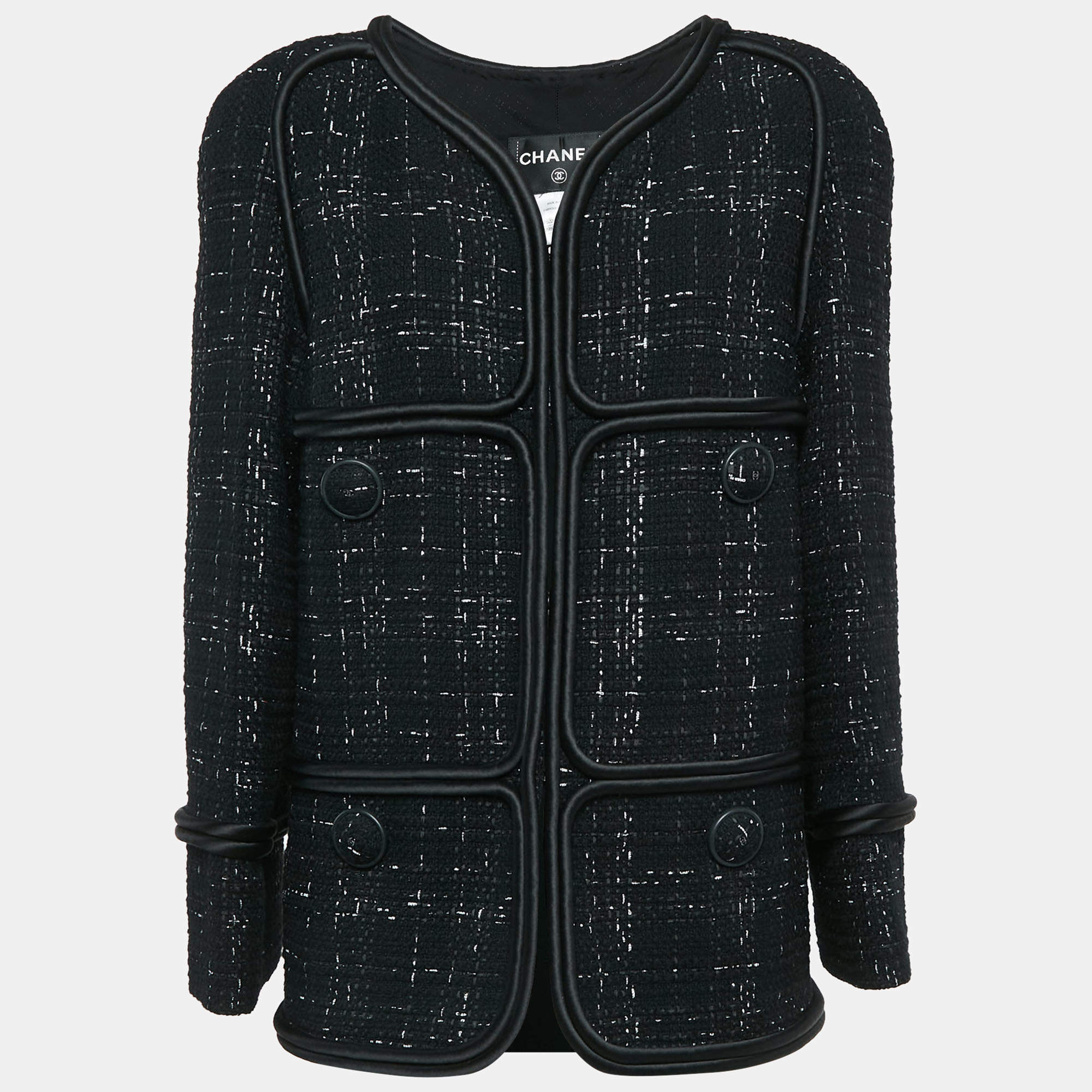 Chanel Black Tweed Corded Detail Jacket XL