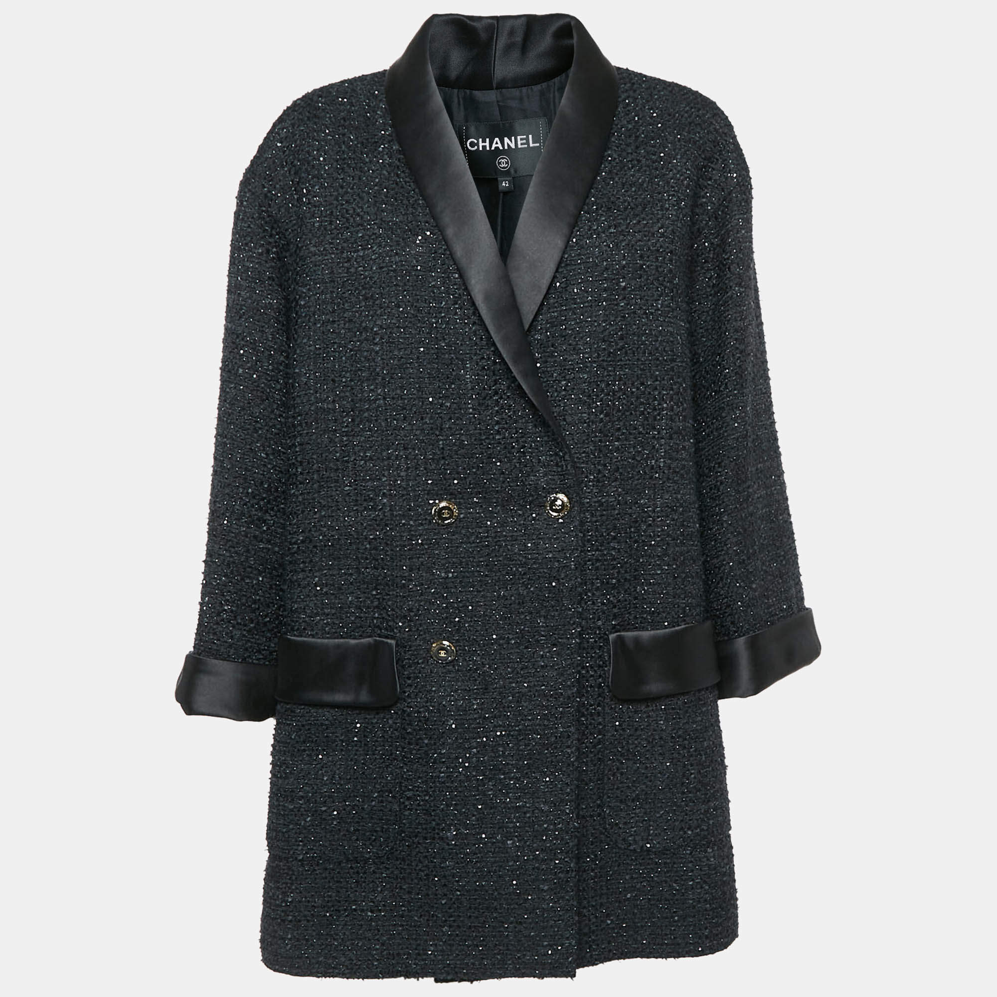 Chanel Black Double Breasted Tweed Oversized Blazer L