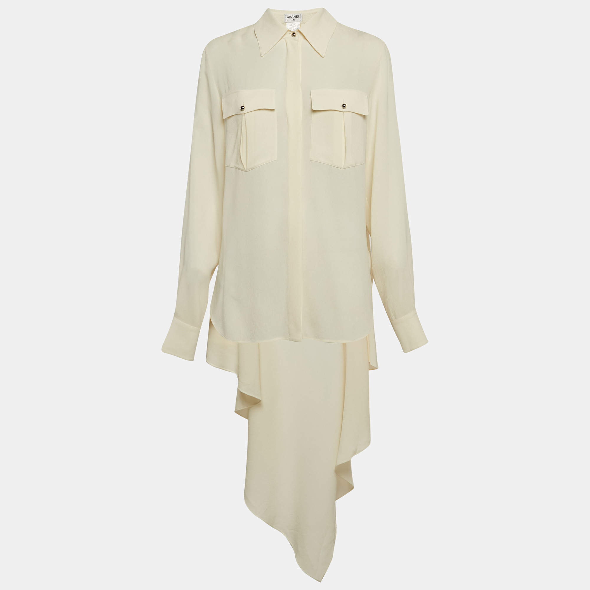 Pre Owned Chanel White Silk Long Sleeve Asymmetric Shirt M