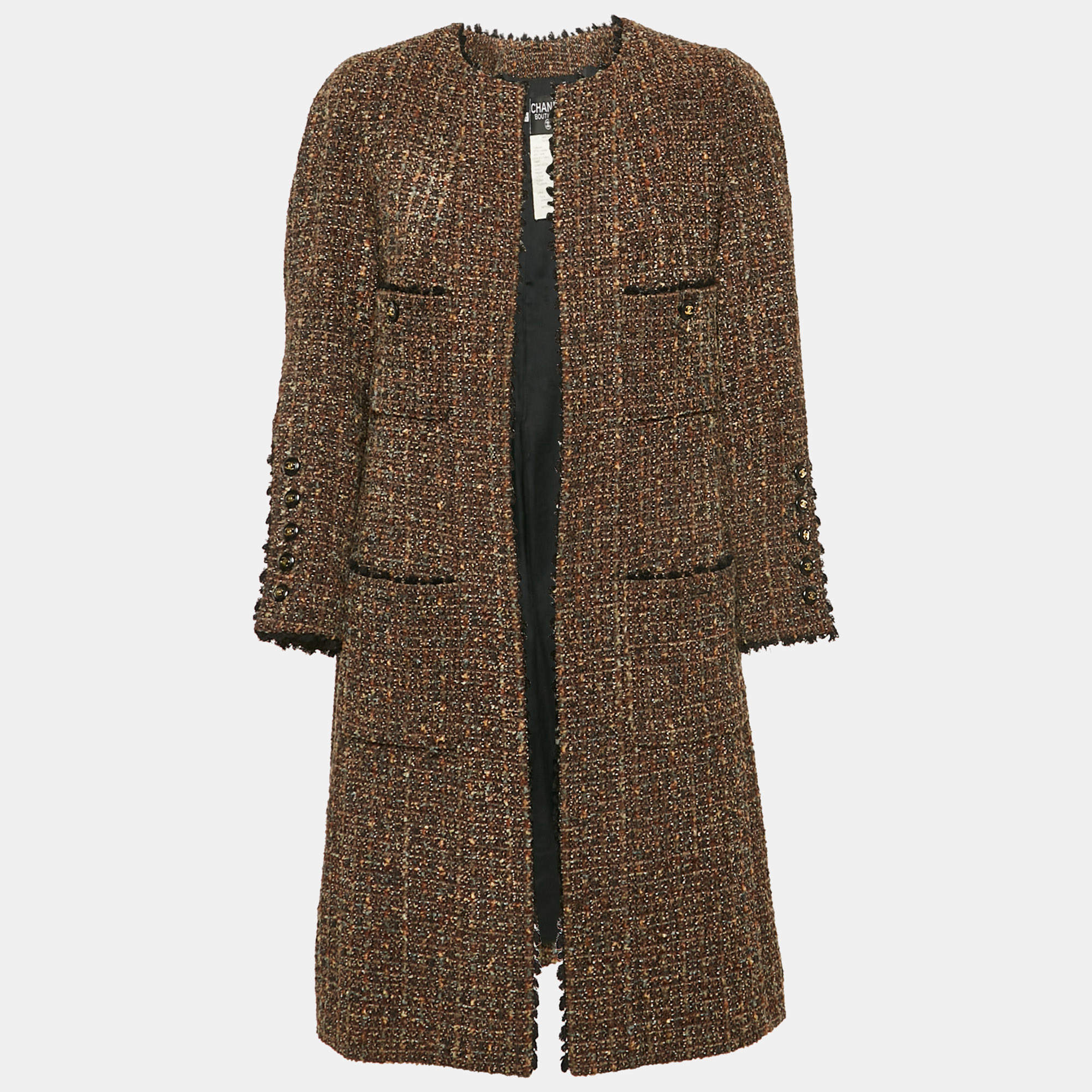 Chanel Vintage Brown Tweed Open Front Coat L
