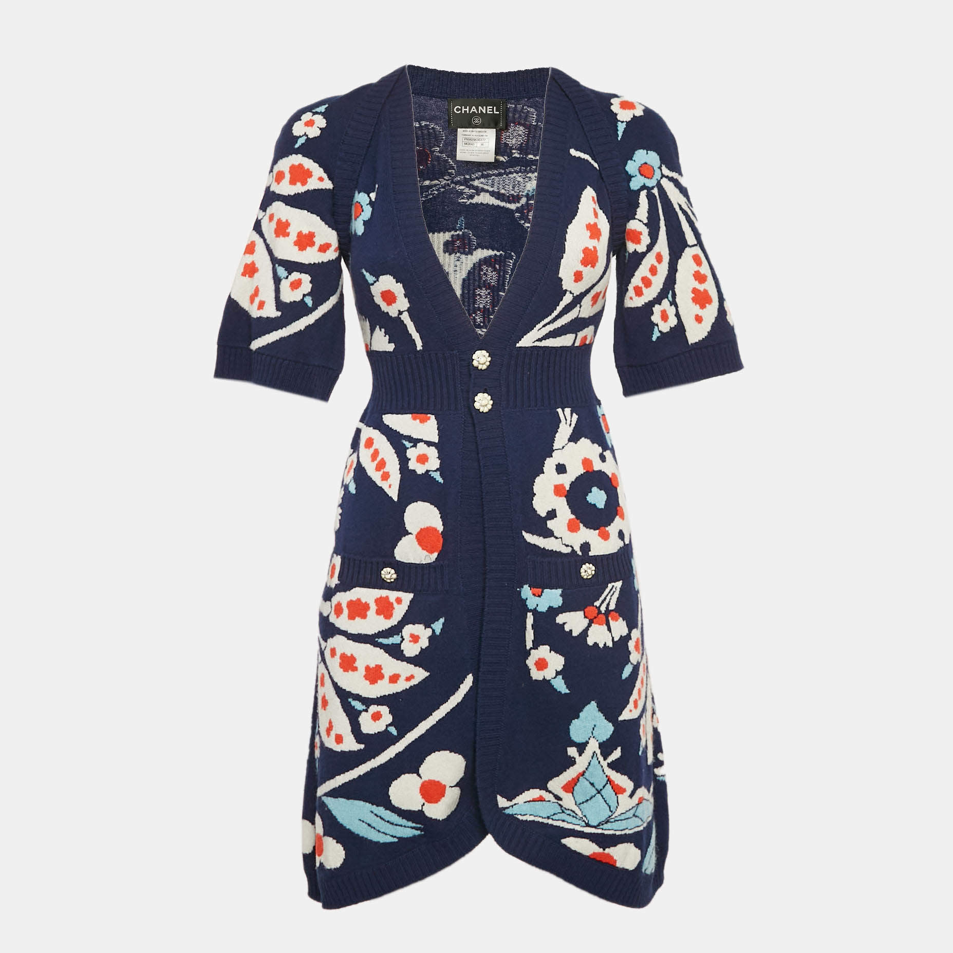 Chanel Blue Floral Intarsia Cashmere Jewel Button Detail Cardigan S