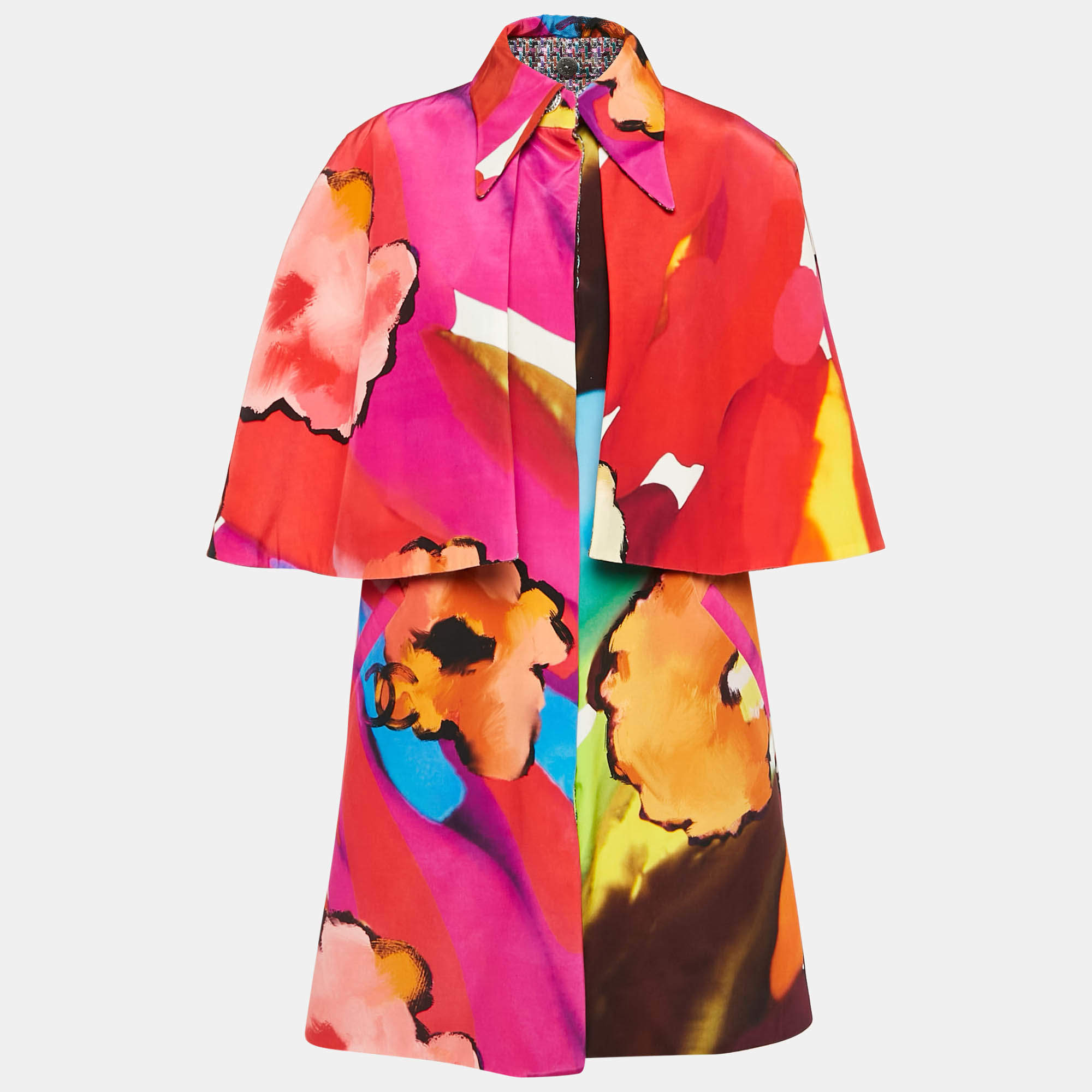 Pre Owned Chanel Multicolor Printed Silk Crepe De Chine Cape and Dress Set S