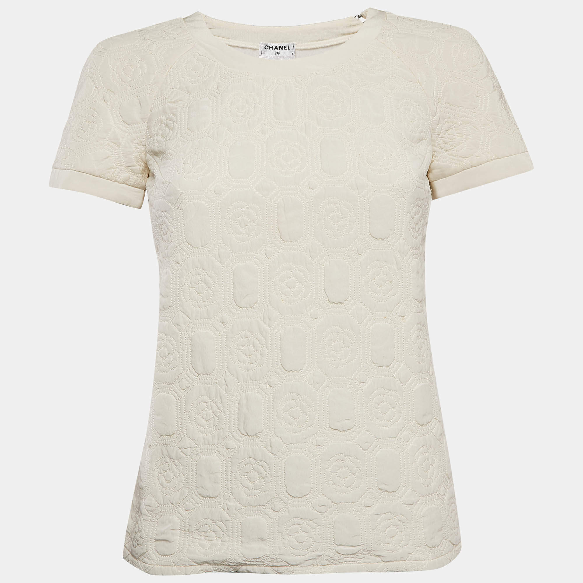 Chanel Ivory Camellia Quilted Silk Top S