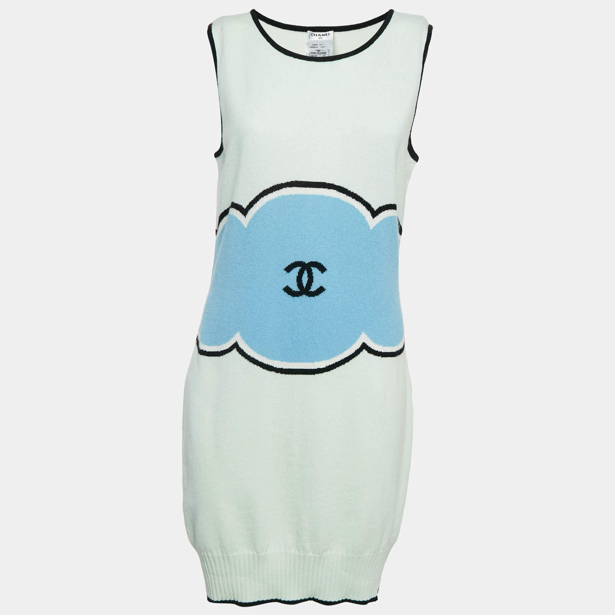 Chanel Blue/Green Logo Intarsia Cashmere Knit Sleeveless Dress L