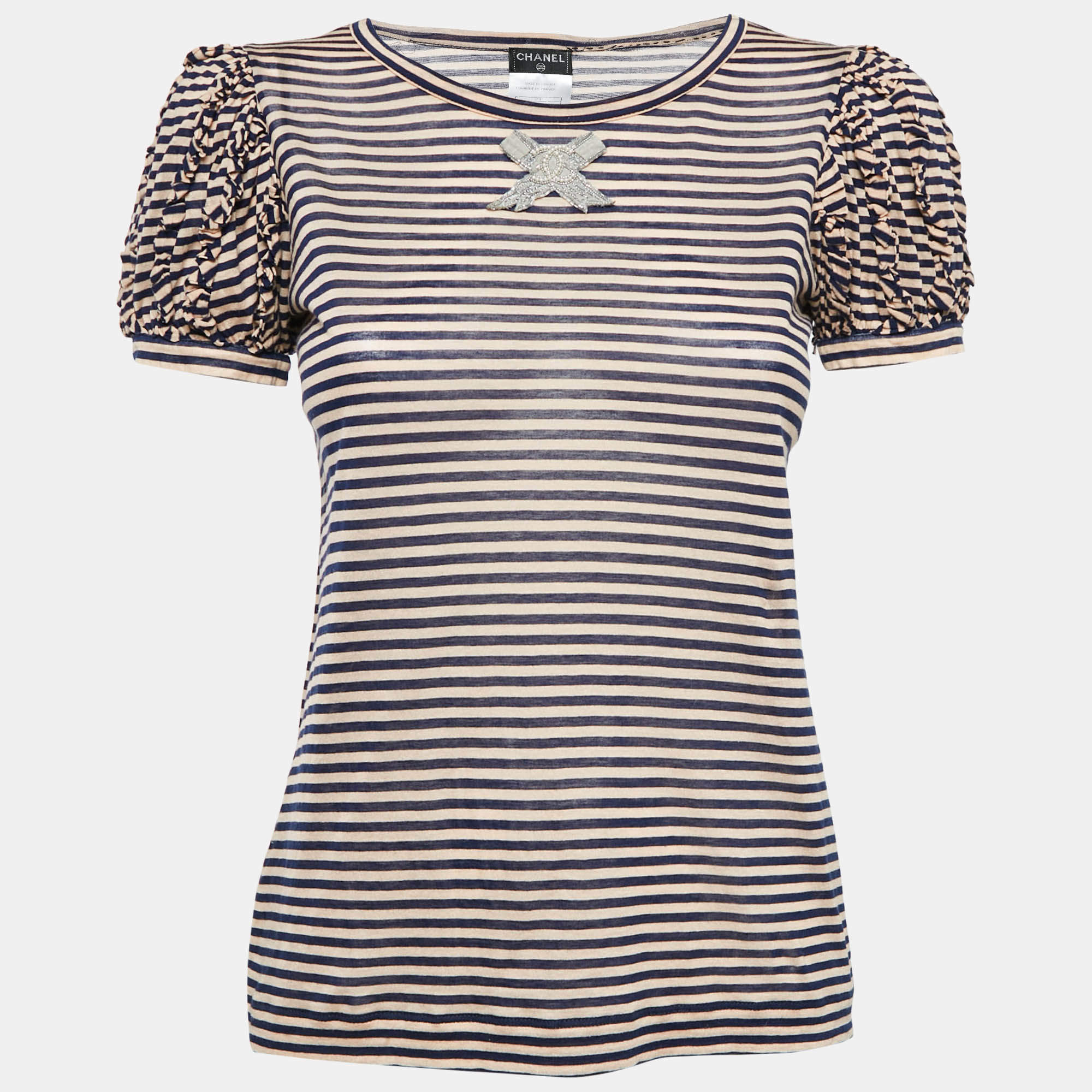 Chanel Blue/Pink Striped Jersey CC Bow Detail T-Shirt S