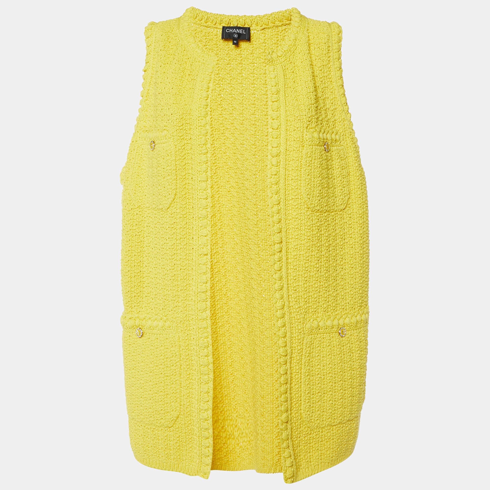 Chanel Yellow Cotton Knit Ope Front Sleeveless Cardigan XL