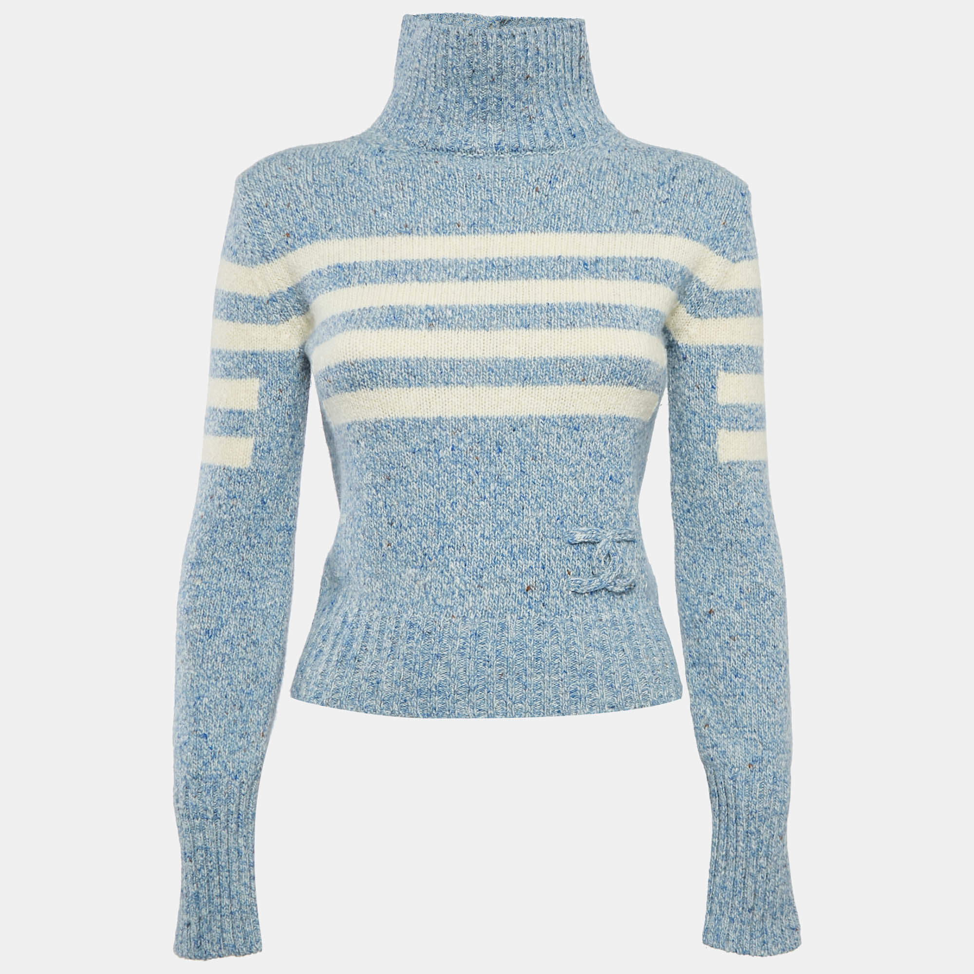 Pre Owned Chanel Blue Patterned Wool High Neck Sweater S