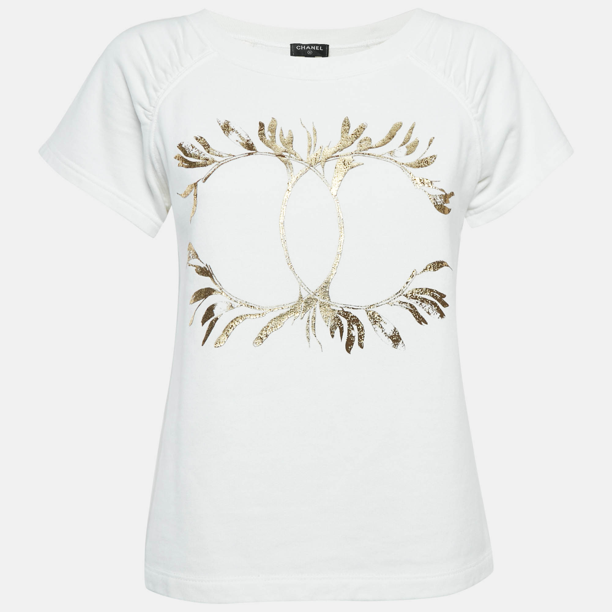 Chanel White Logo Foil Print Knit Round Neck T-Shirt XS