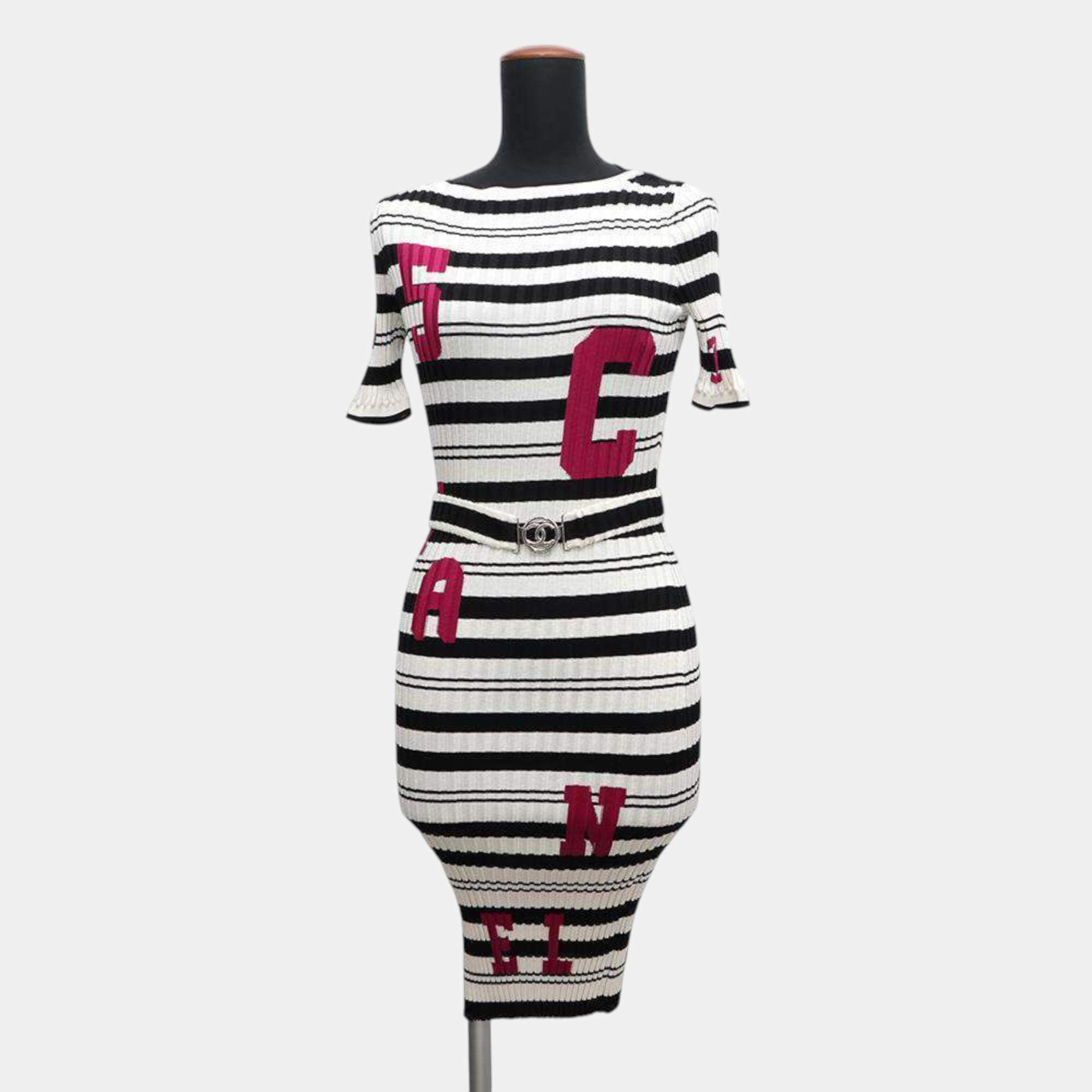 Chanel White/Black Silk84% Elastine16% Knit Dress Size 36
