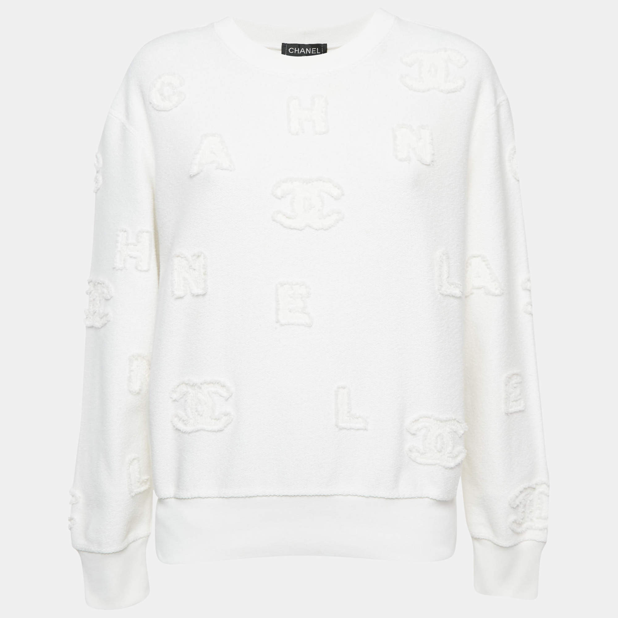 Chanel White Cotton Knit Logo Applique Detail Sweatshirt M