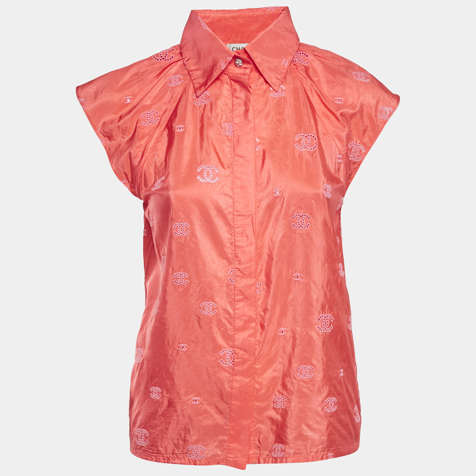 Pre Owned Chanel Pink Embroidered Silk Button Front Blouse S