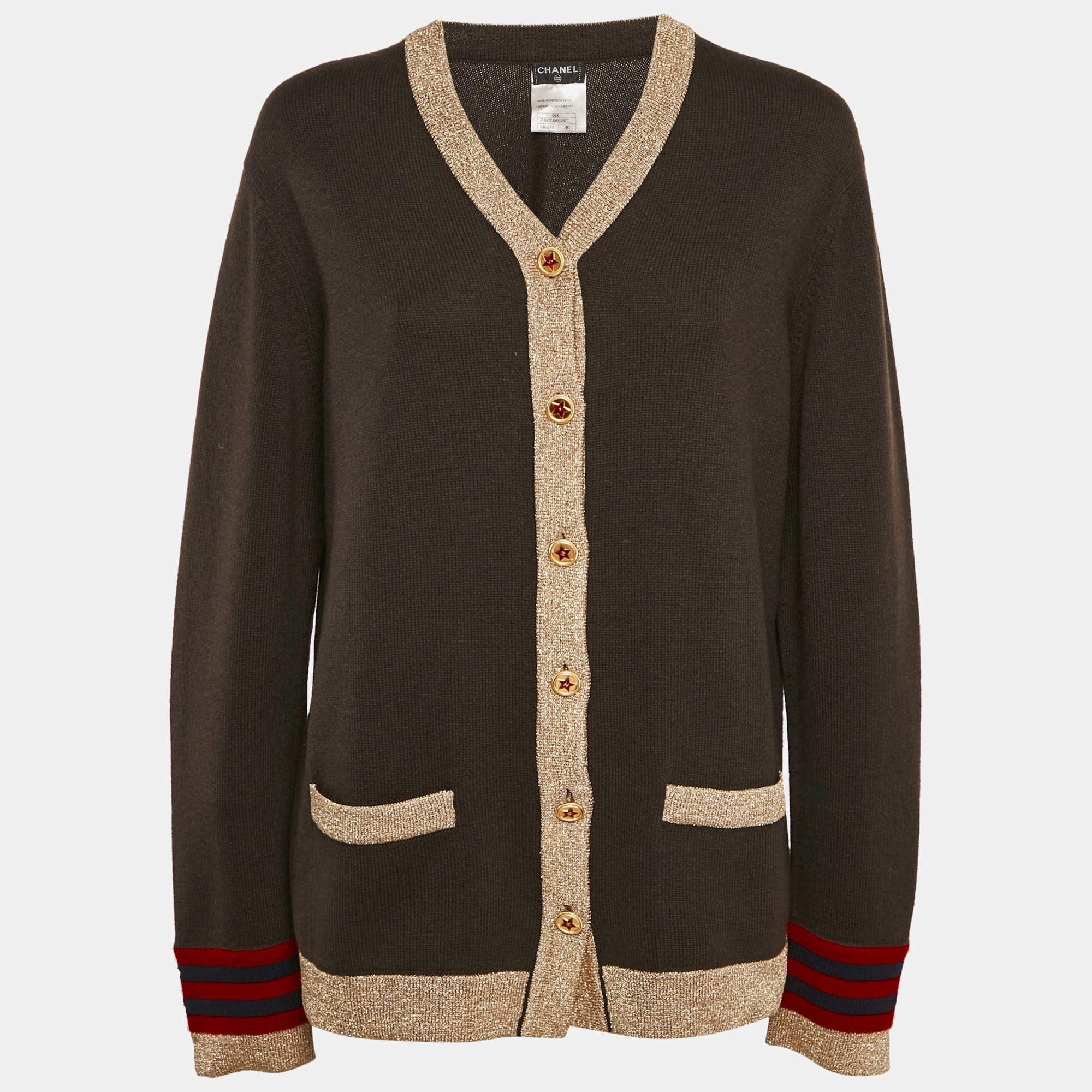 Chanel Brown Cashmere Button Front Lurex Contrast Cardigan M