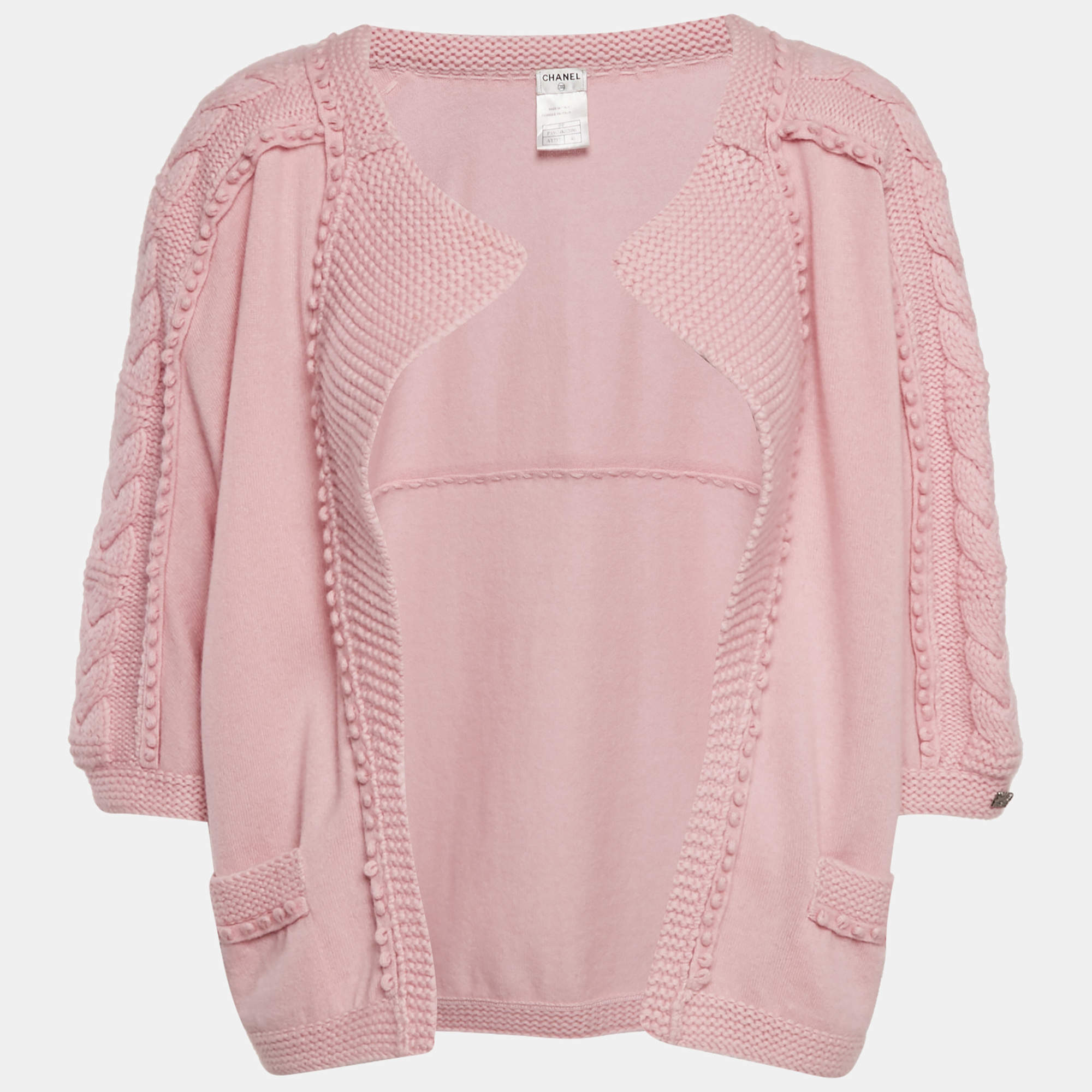 Chanel Pink Patterned Knit Cashmere Open Front Cardigan M