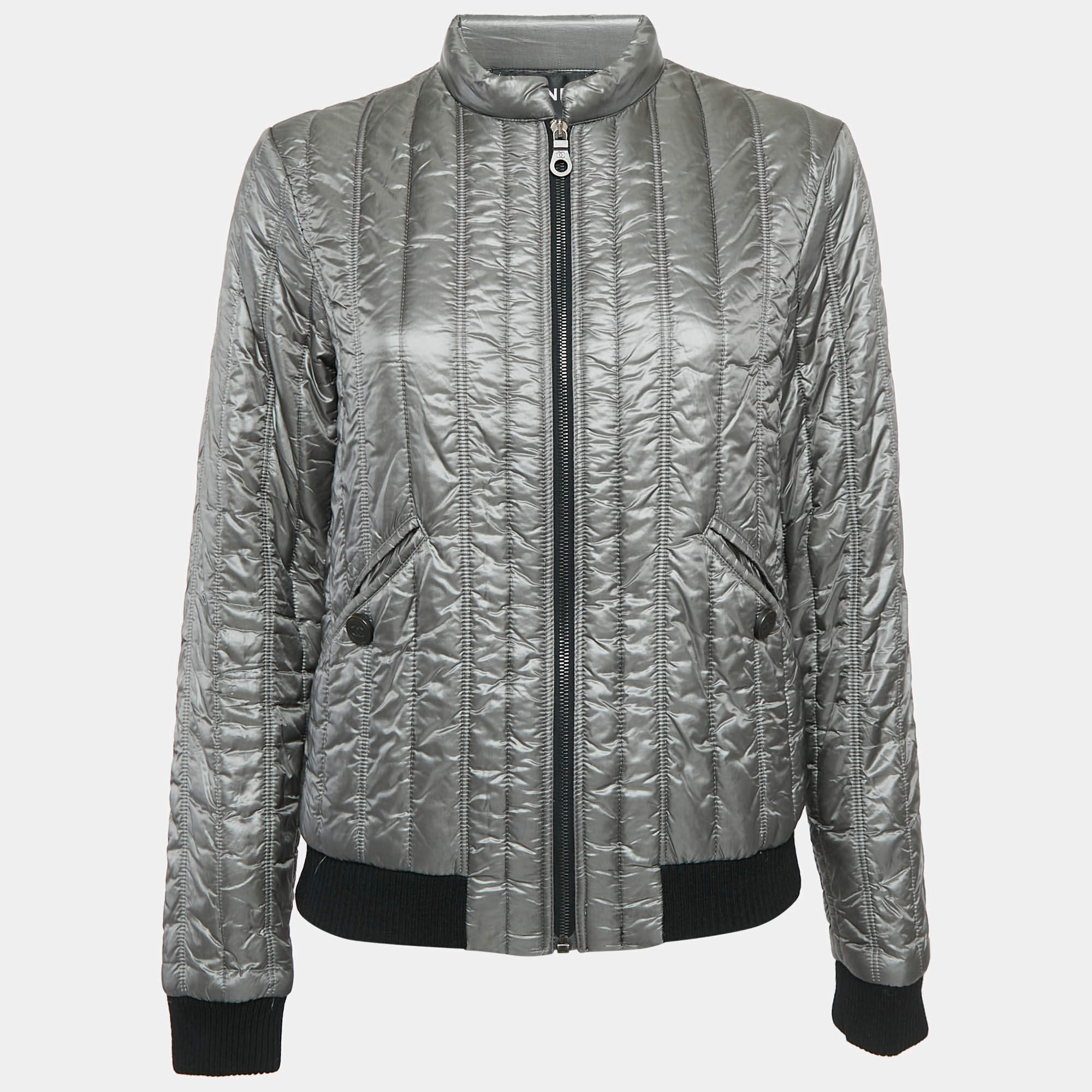 Chanel Grey Nylon Quilted Zip-Up  Jacket M