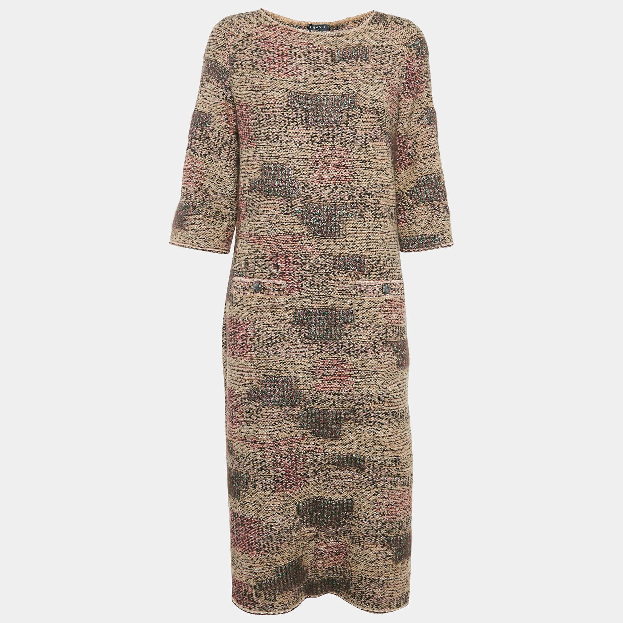 Chanel Brown/Multicolor Patterned Wool Blend Knit Midi Dress L