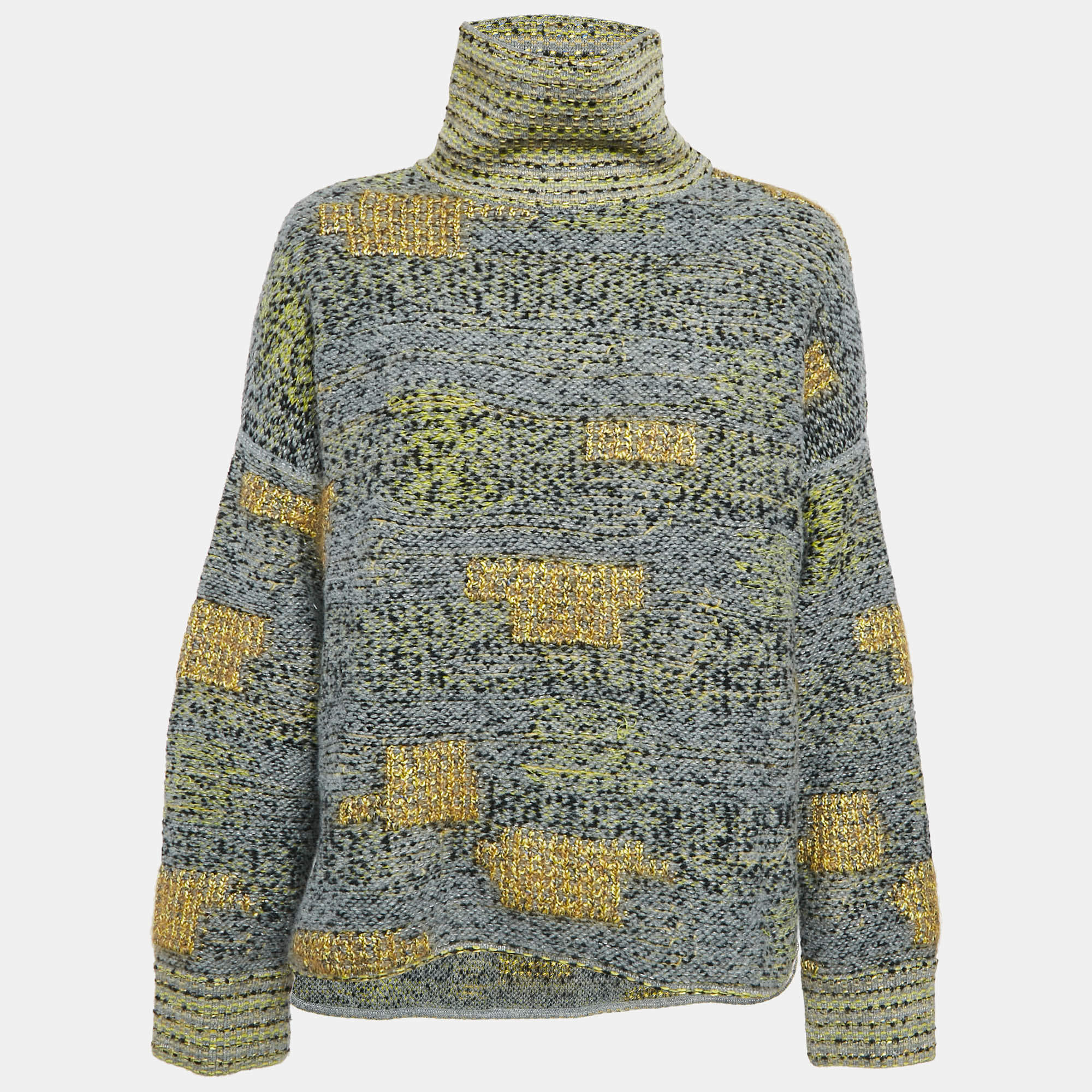 Pre Owned Chanel Grey Patterned Wool Blend Turtle Neck Sweater M