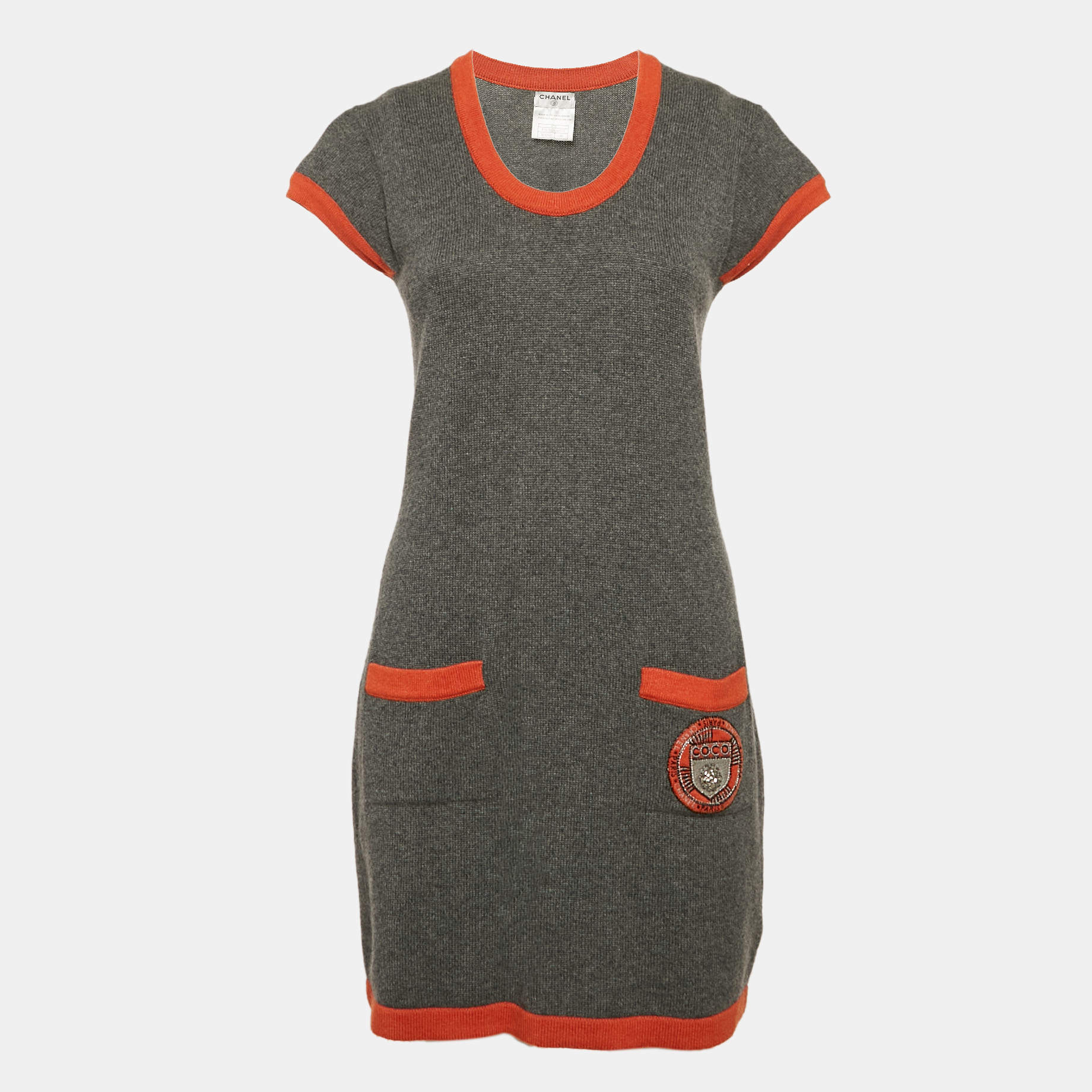 Chanel Grey Cashmere Knit Contrast Trimmed Mini Dress M