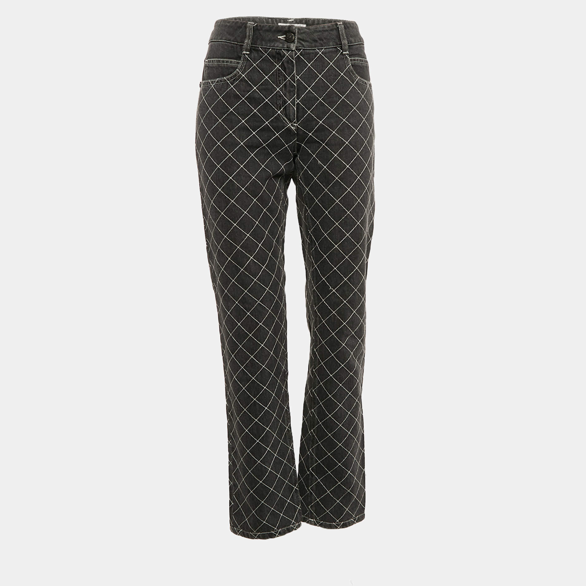 Chanel Charcoal Grey Check Embroidery Denim Jeans M 31"