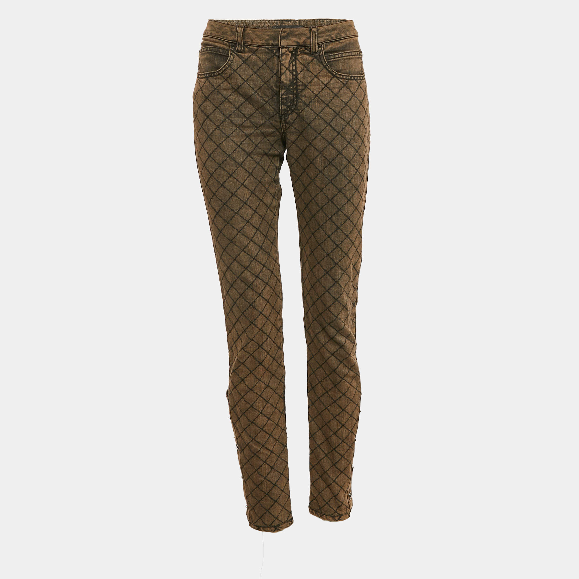 Chanel Brown Check Embroidery Denim Slit Detail Jeans M Waist 30"