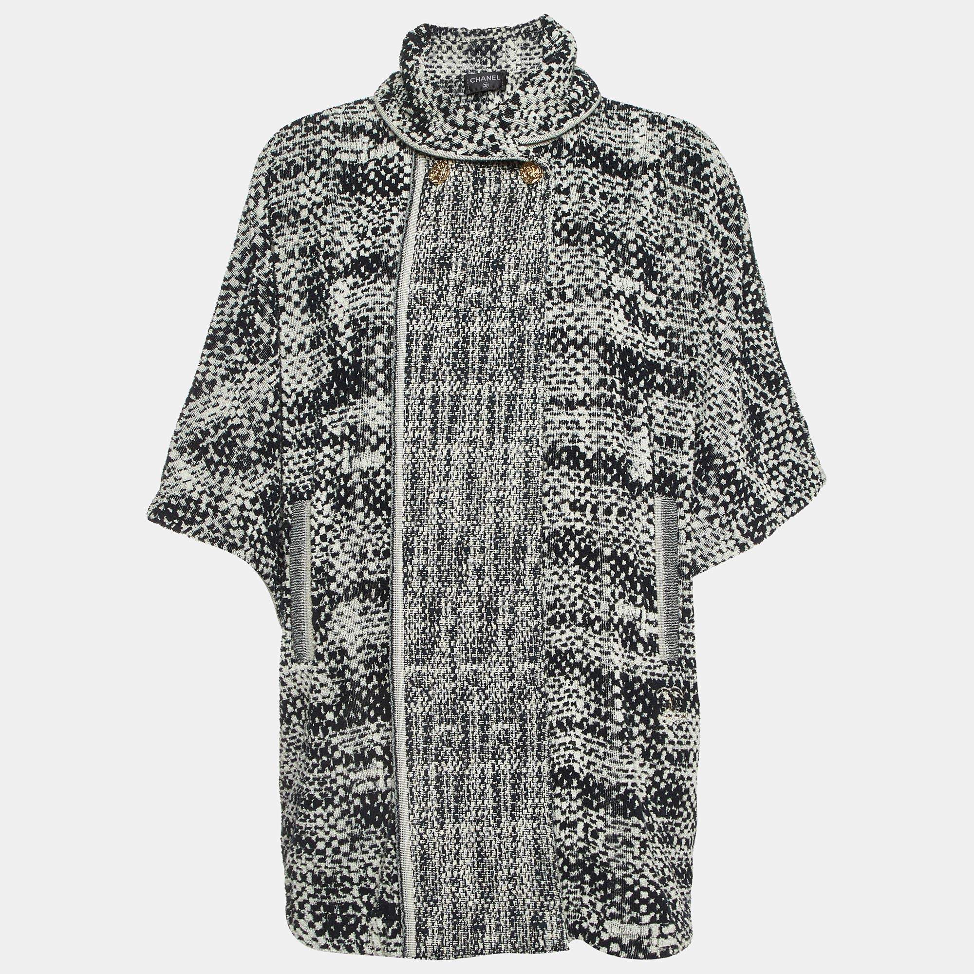 Pre Owned Chanel Black/White Cotton Terry Roll Collar Cape Coat L