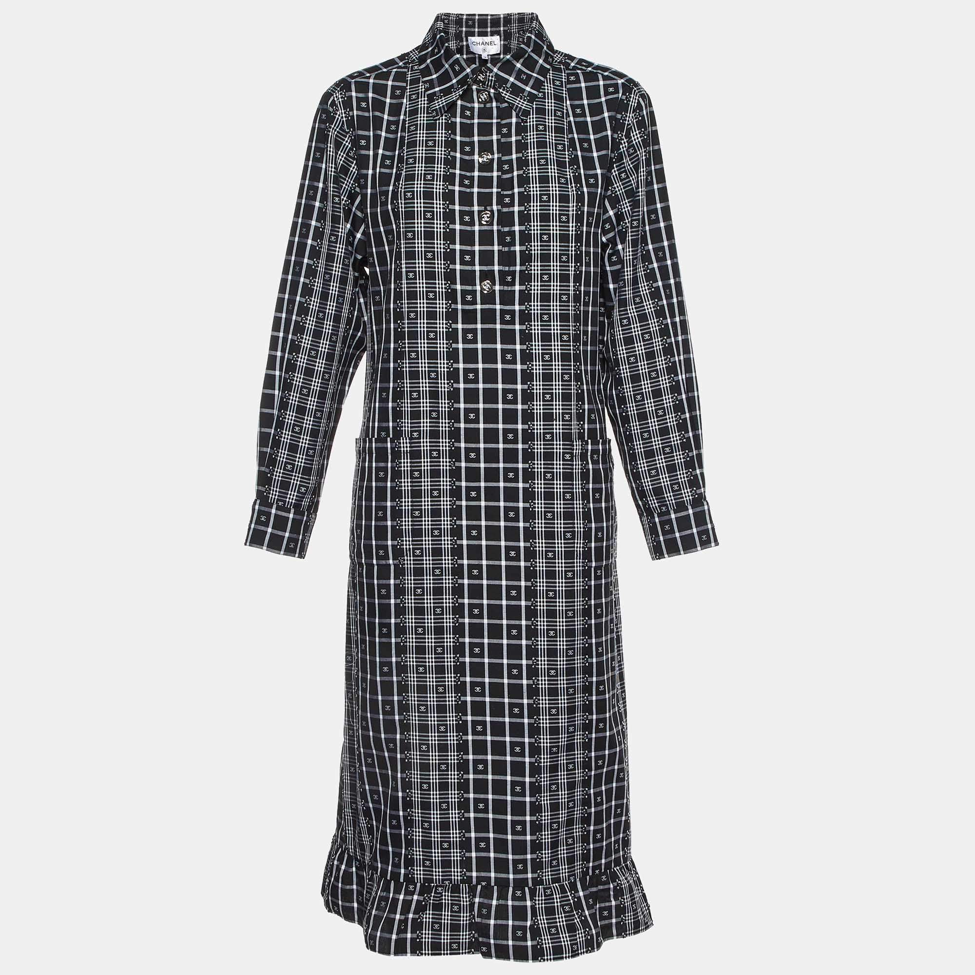 Chanel Monochrome CC Check Pattern Cotton Midi Dress M