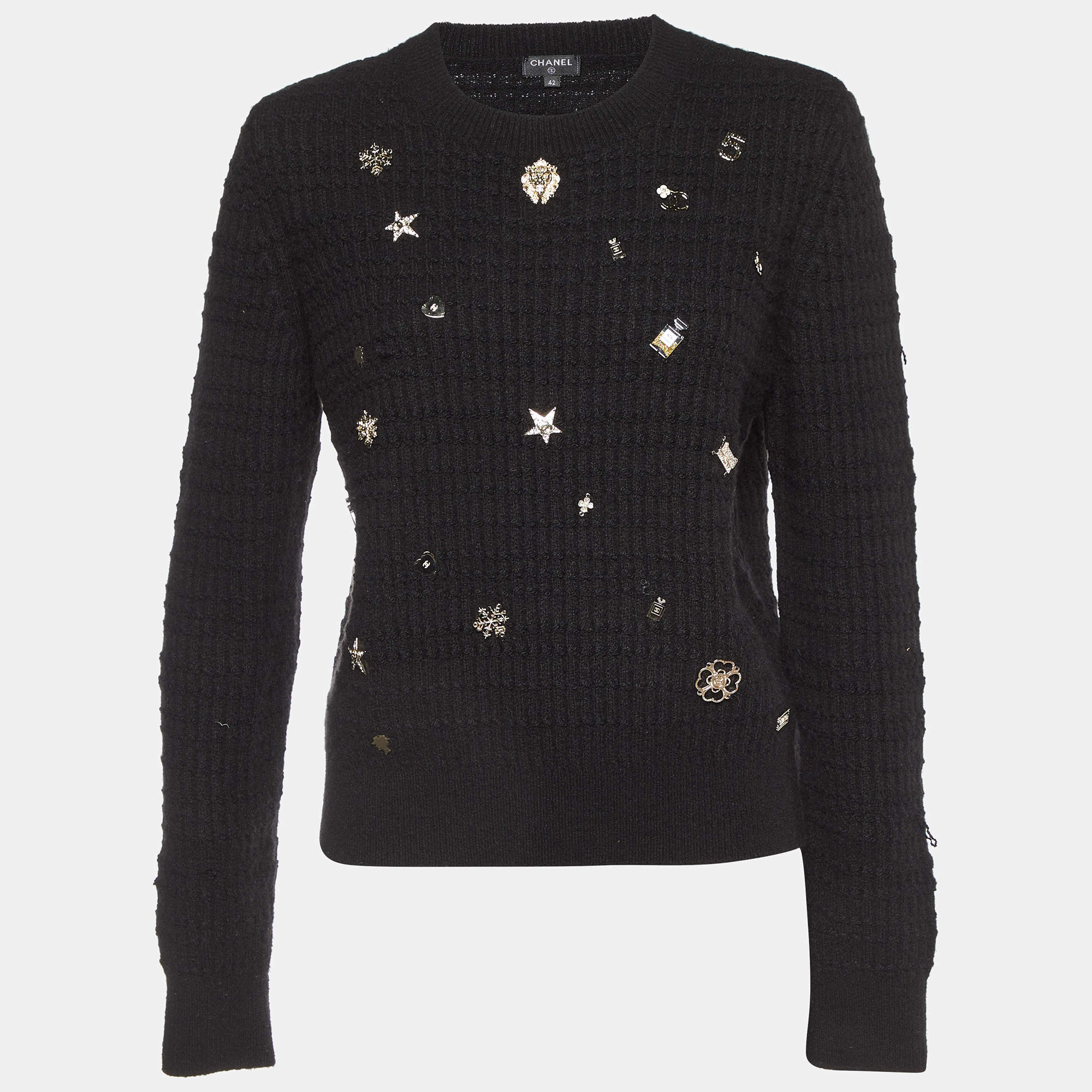 Chanel Black Lucky Charms Embellished Wool Blend Jumper L