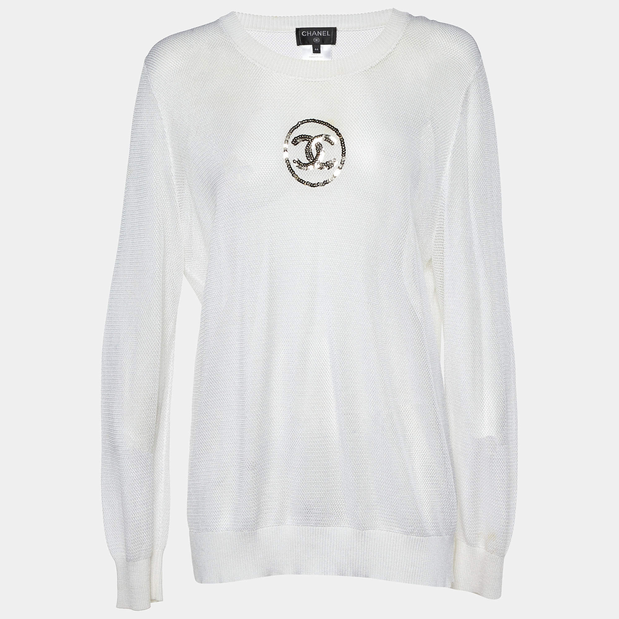Chanel Off-White Knit Sequin Logo Detail Full Sleeve Sweater L