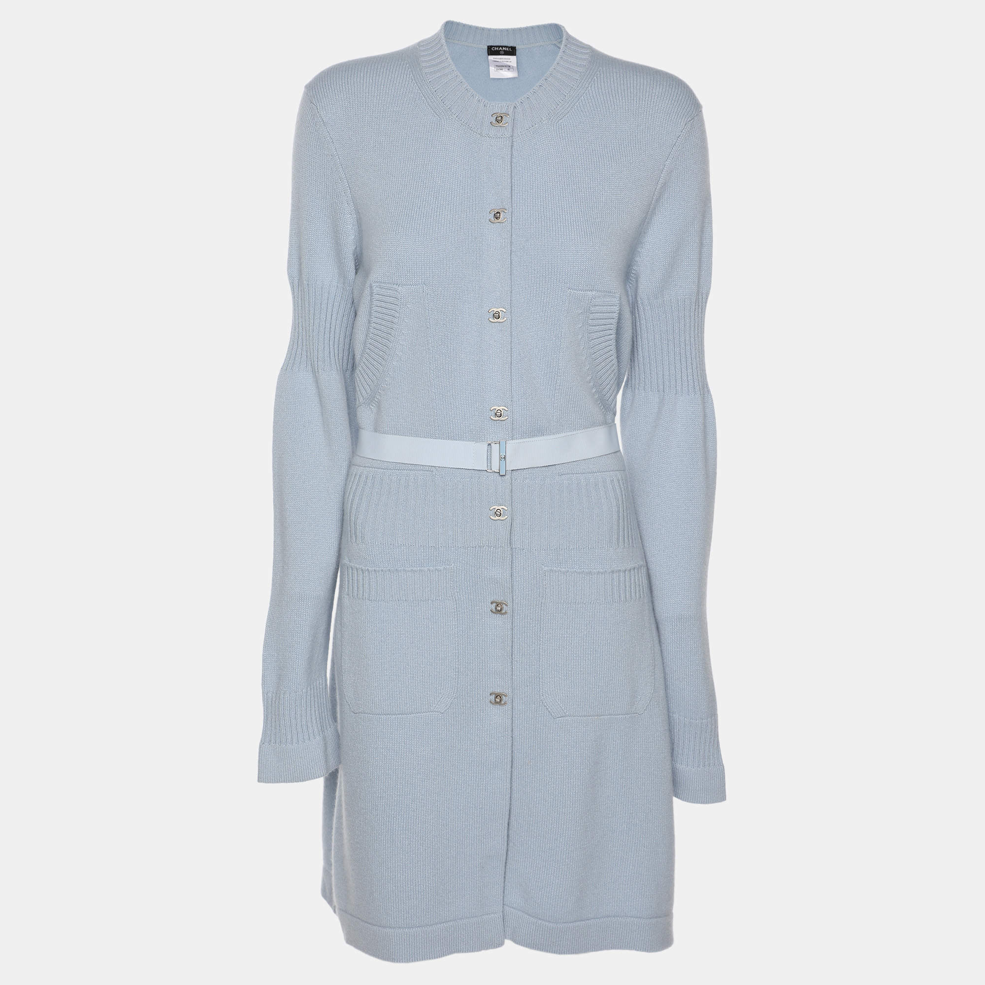 Chanel Light Blue Rib Knit Cashmere Long Sleeve Mini Belted Dress L