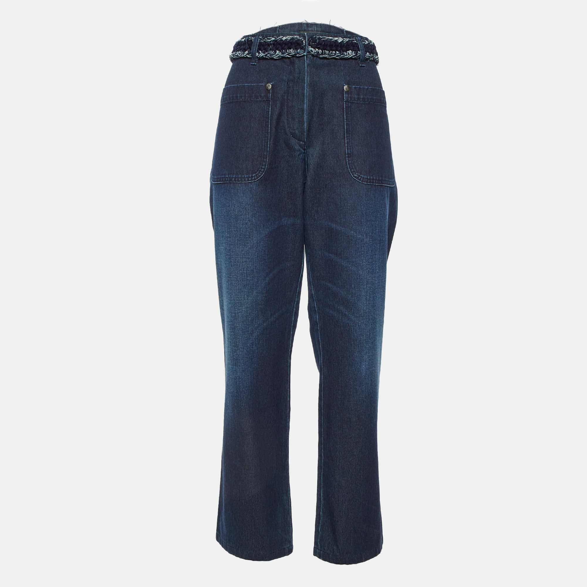 Pre Owned Chanel Indigo Denim Braided Waist Detail Straight Fit Jeans L/Waist 35"