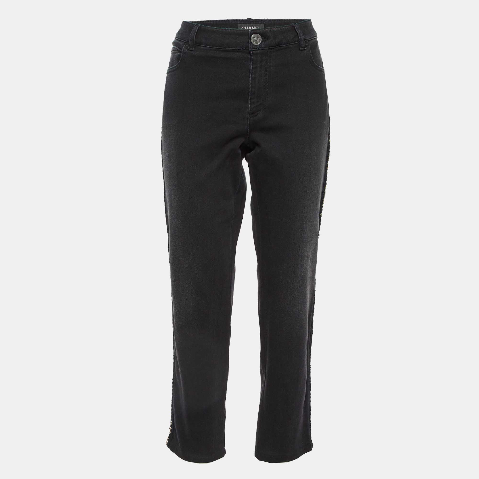 Pre Owned Chanel Black Washed Denim Trim Detail Jeans L Waist 32"