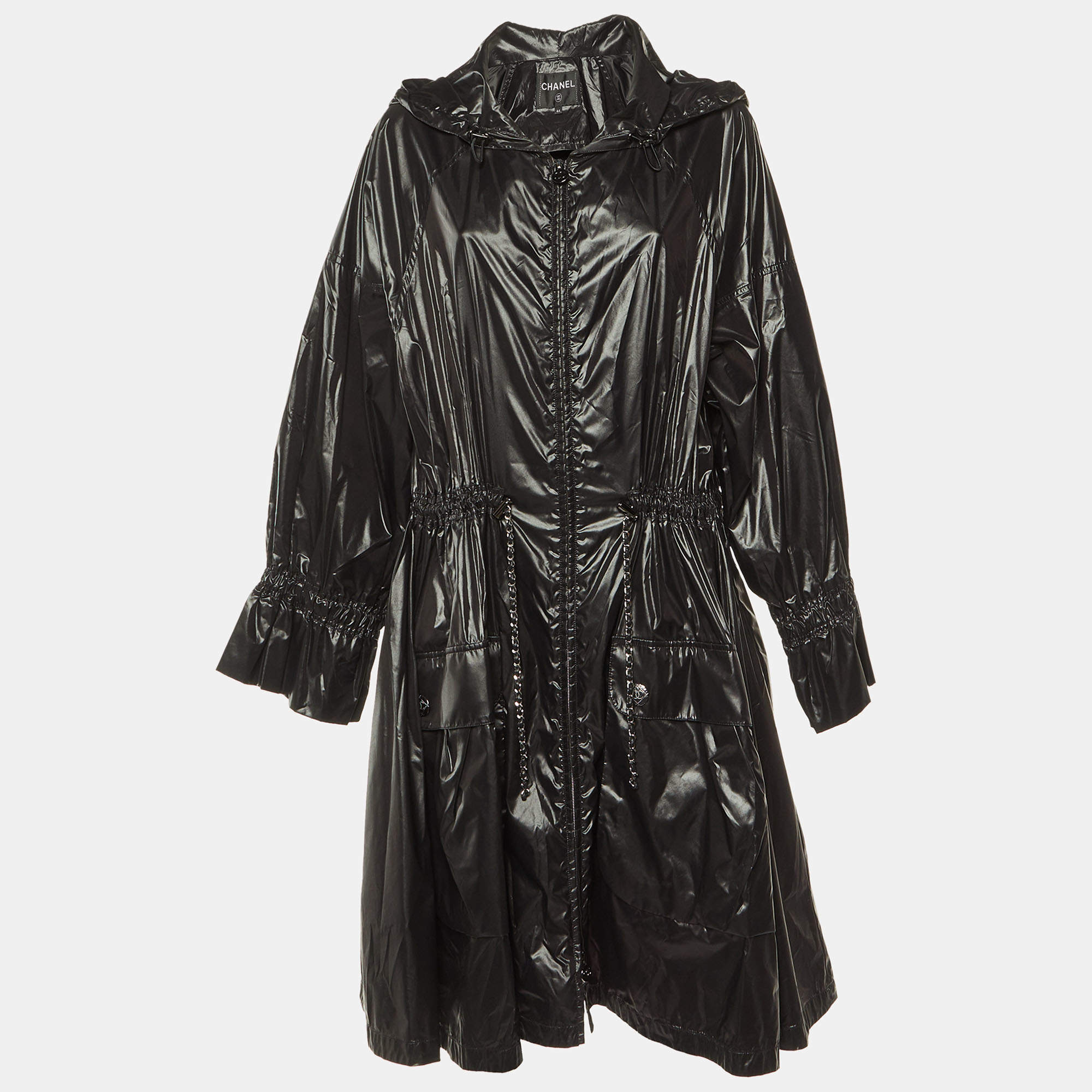 Chanel Black Nylon Hooded Zip Up Coat L